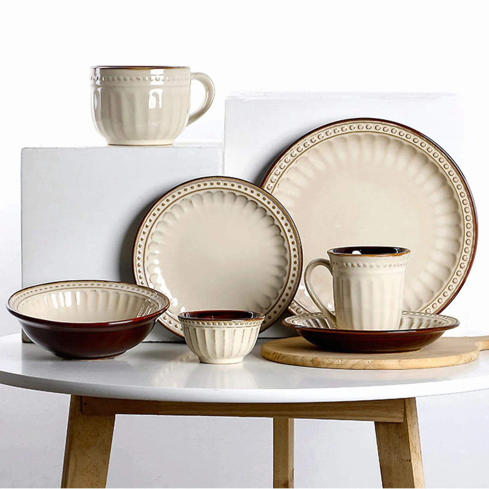 Services de Table en Porcelaine, Services de Table en grès, Ensembles d'assiettes et de Bols Modernes en Relief de 20 pièces, Services de Table de Cuisine en cé(