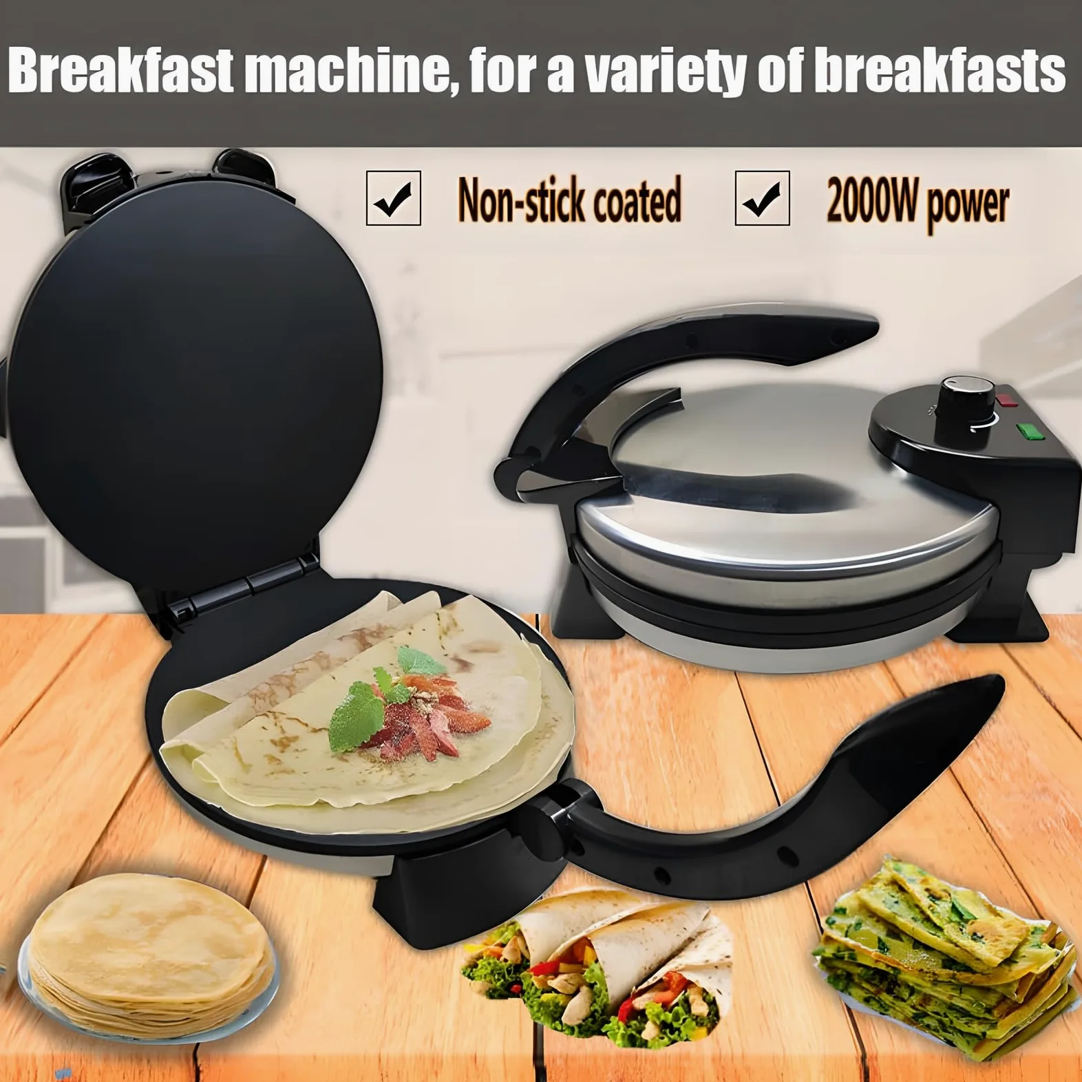 2000 W Electric Roti Maker, Tortilla Maker de 12 Pouces, Machine À Tortilla Chapati Automatique À Température Réglable, Surface Antiadhésive, Chauffage Double Face, pour Les Crêpes, Les Tacos