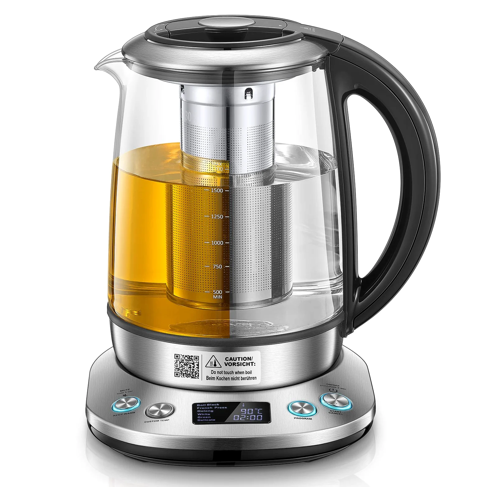 FOHERE Bouilloire électrique en Verre, Théière Electrique Température Réglable 2200w, Fonction de Maintien au Chaud 120 Mins, Infuseur à thé Amovible, 1.7L