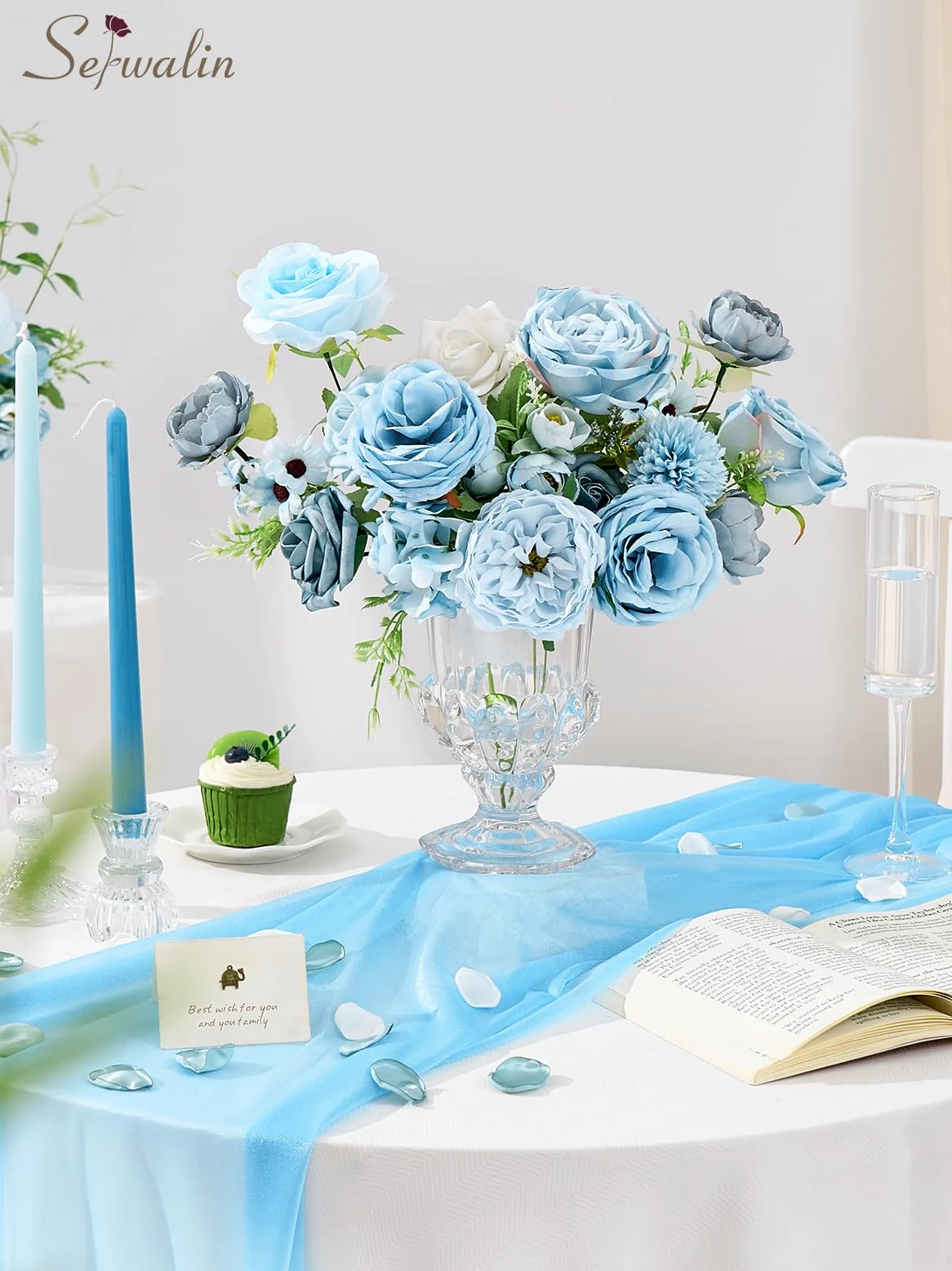 Serwalin Fleurs artificielles bleues en soie