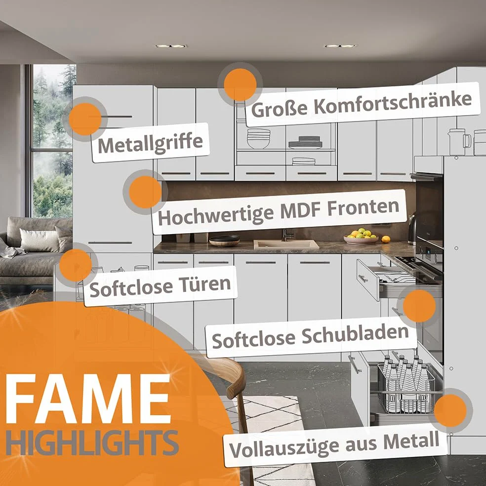 Vicco Cuisine Fame-Line, Anthracite Brillant/Chêne doré, 355cm, PT Chêne, adapté à Une Extension individuelle avec des modules supplémentaires