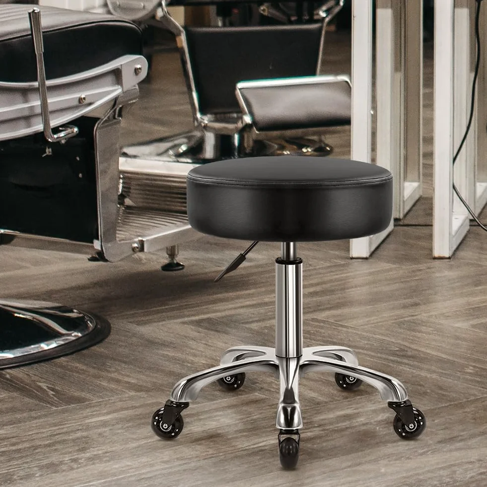 WKWKER Tabouret de beauté robuste sur roulettes avec siège pivotant réglable en cuir épais pour cuisine, bureau, laboratoire de dessin, massage - Noir