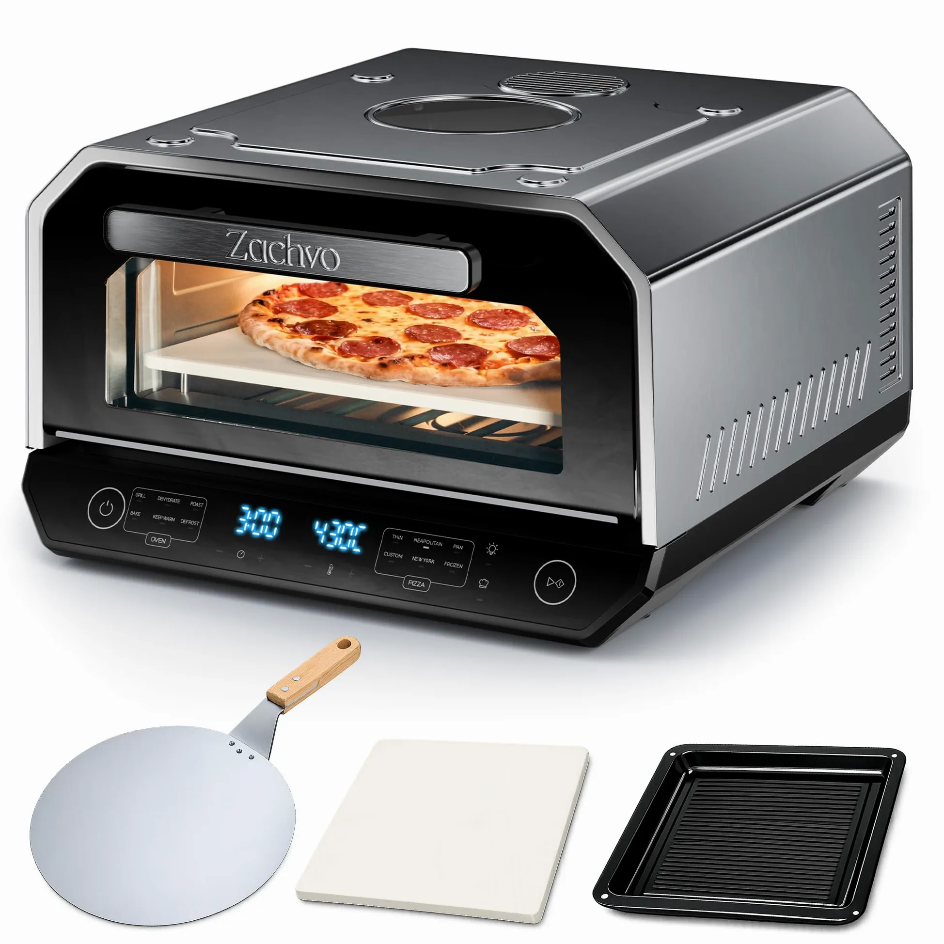 Four à pizza électrique, 450 °C, pizza napolitaine en 90 secondes, fenêtre de visualisation et éclairage intérieur, 13 programmes