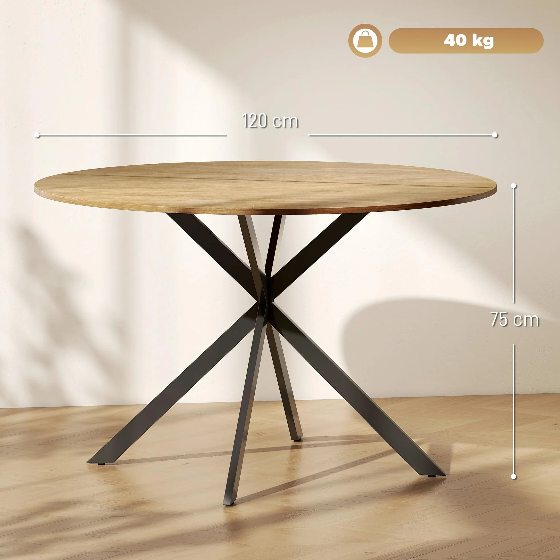 HOMCOM Table à Manger Ronde pour 4 Personnes Table de Cuisine 120 cm Style Industriel avec Plateau Aspect Bois et piètement croisé en Acier, chêne