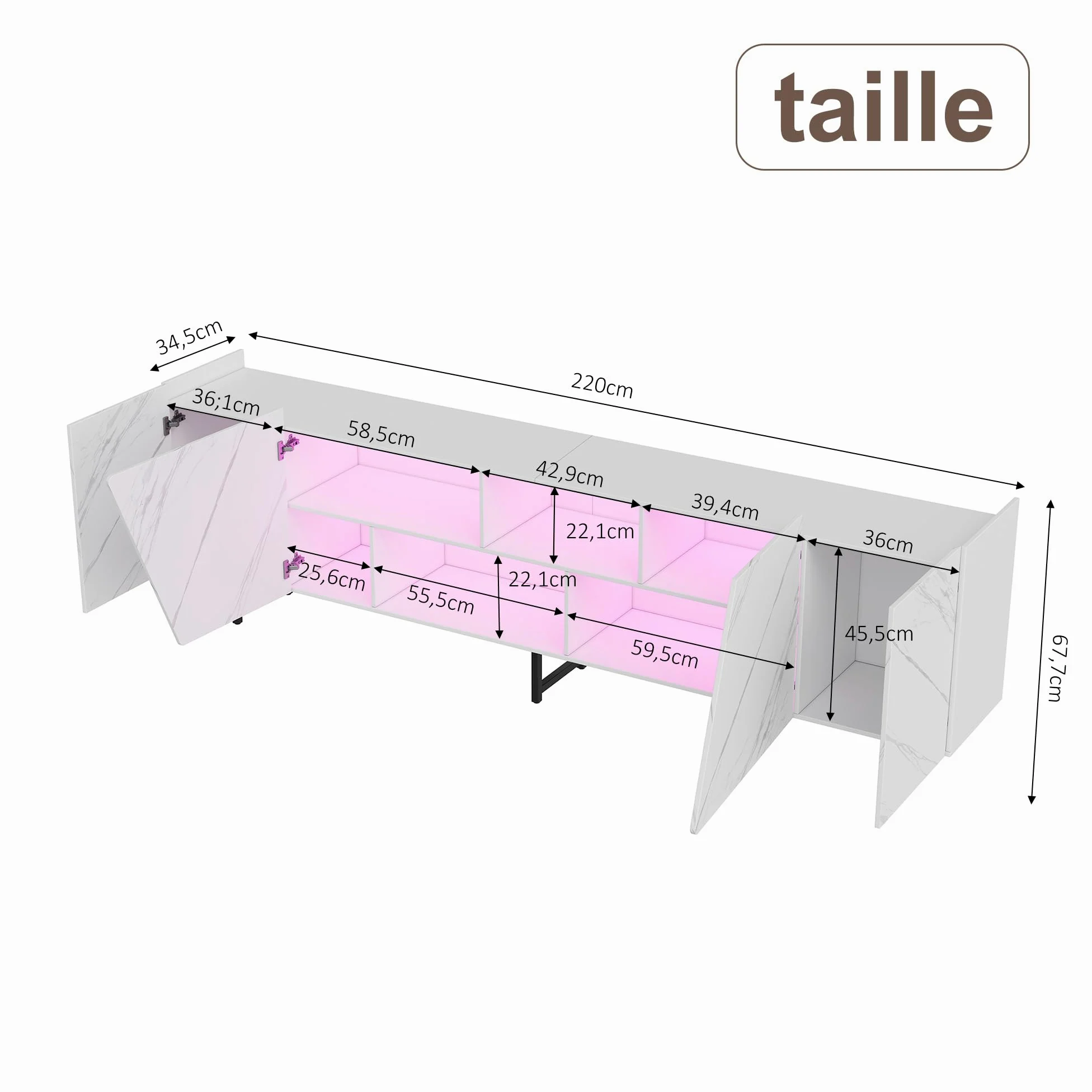 Meuble TV 220 cm avec éclairage LED RGB, Meuble TV Effet marbre avec 4 Portes et étagères Ouvertes, Meuble télévision Moderne avec Pieds en métal pour Salon