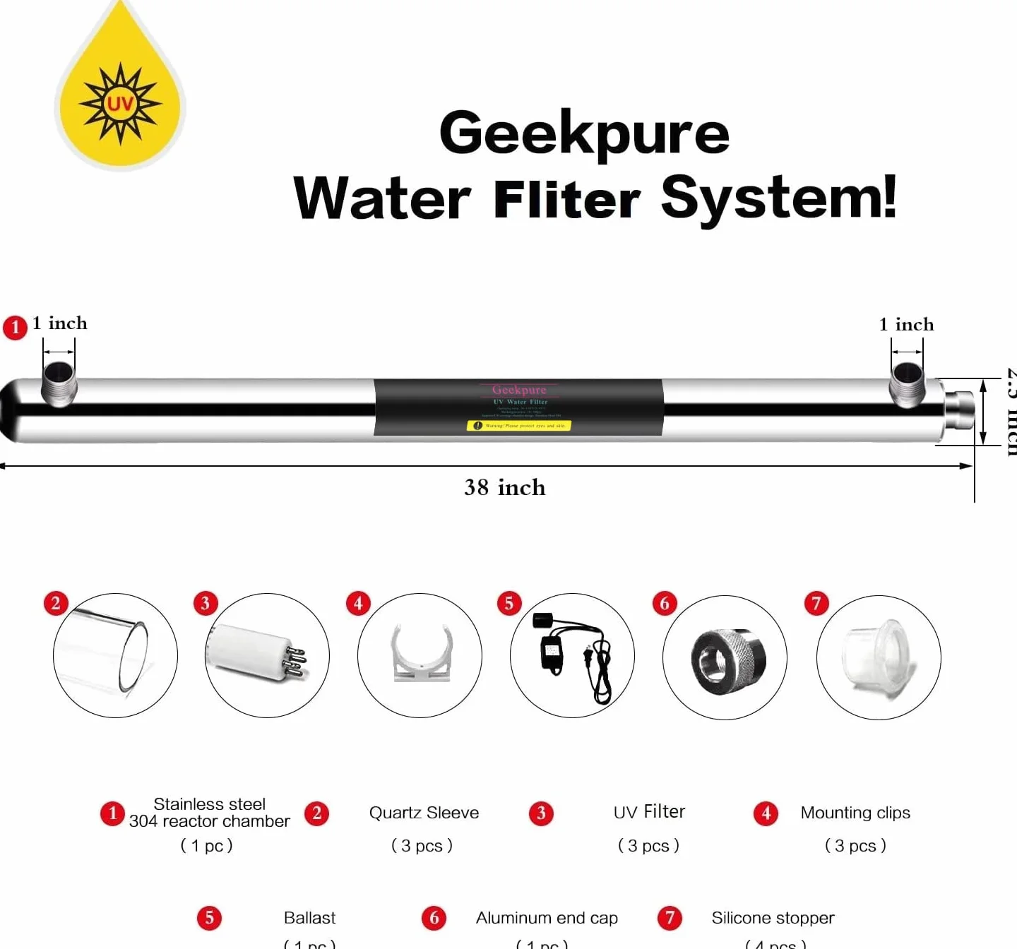 Geekpure Filtre à eau U-V pour toute la maison avec 2 filtres UV supplémentaires + 2 manchons en quartz - (12 GPM)