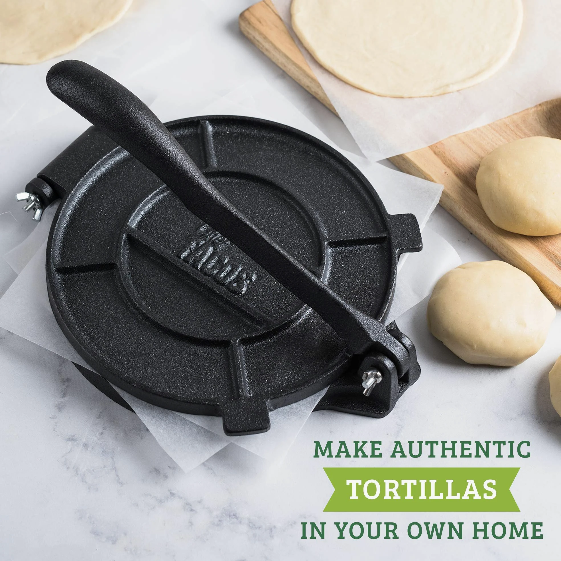 Presse à Tortillas en Fonte Authentique (20,3 cm) Machine à Tortillas de Maïs ou de Farine Pré-assaisonnée, Pataconera, Pâte à Roti