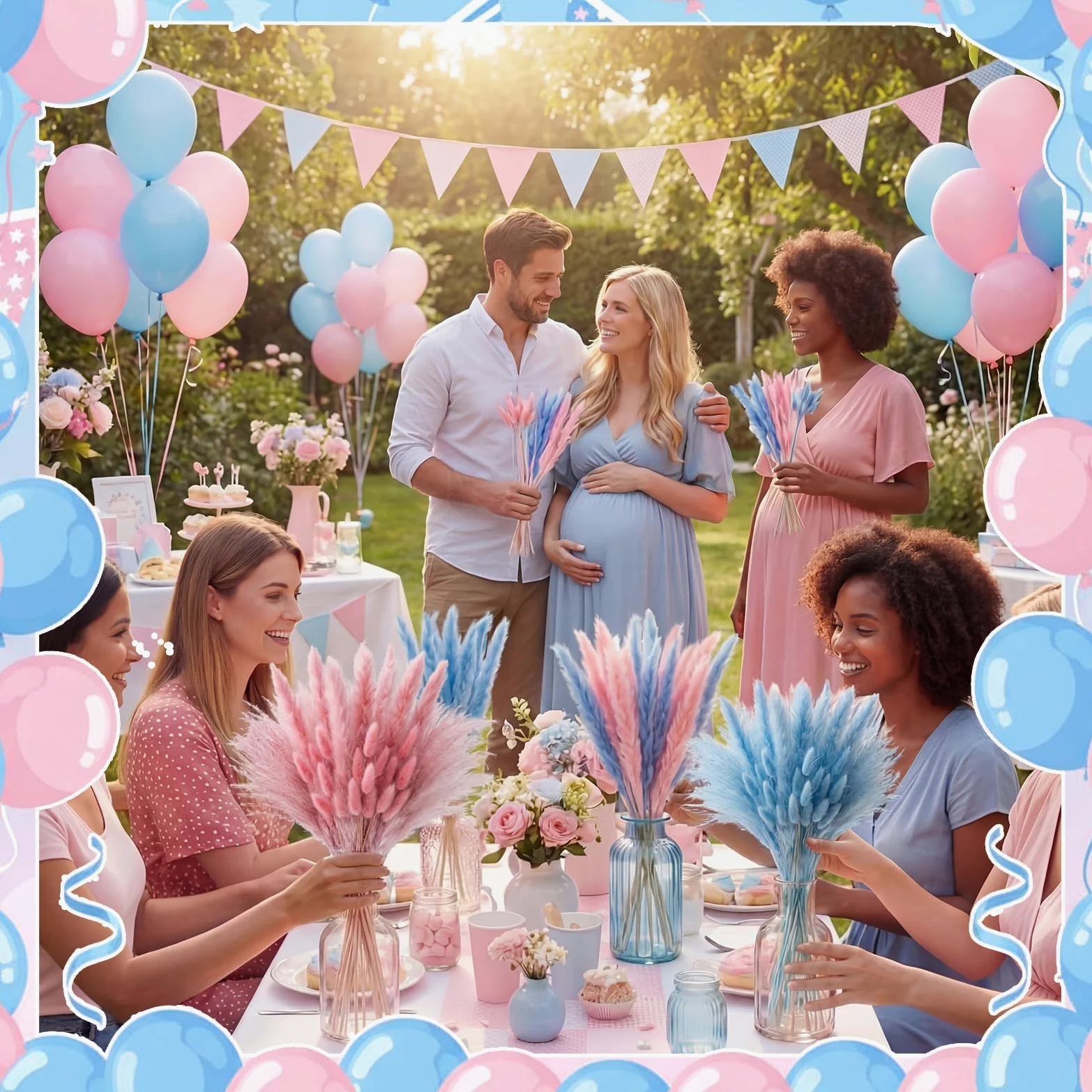 Hoteam Lot de 105 décorations de révélation du sexe rose bleu herbe de la pampa garçon ou fille | Décoration de fête prénatale « He or She » bohème - Herbe de la pampa - Fleurs séchées pour centres de table ou vase