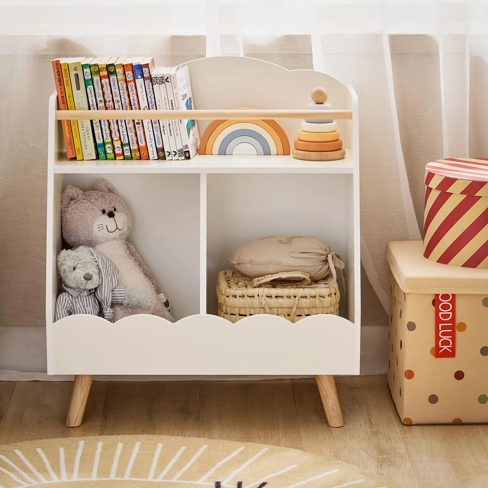 SoBuy Bibliothèque Enfant, Étagère à Livres, Étagère de Rangement Jouets pour Enfants, Meuble Rangement sur Pieds pour Chambre d’Enfant, 2 Compartiments Ouverts, Blanc, 61 x 35 x 71 cm KMB100-K-W