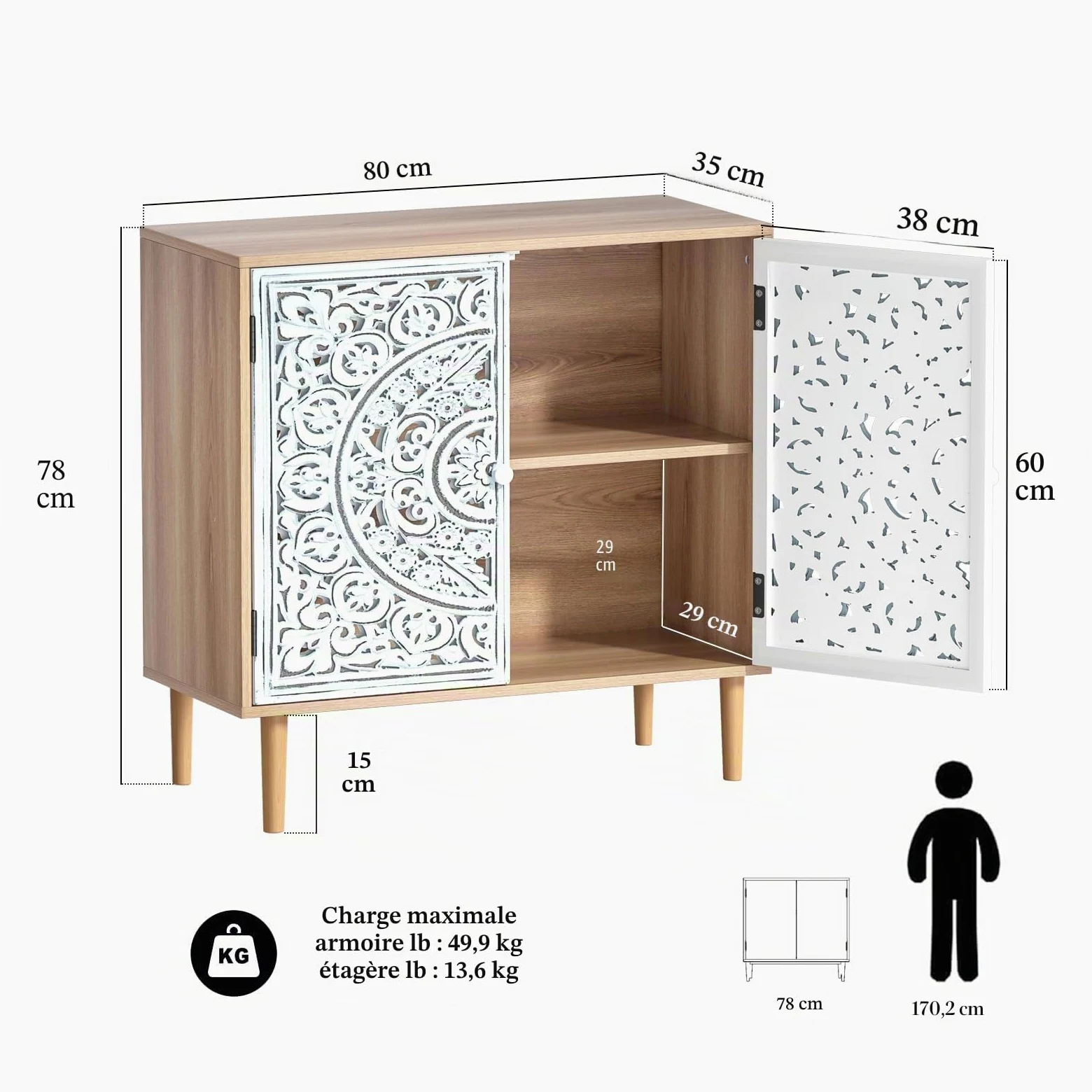 Buffet Bois Sculpté, Meuble de Rangement Cuisine Bas, Meuble Bas avec Pieds en Bois Massif, Étagères Réglables, Armoire de Rangement pour Salon, Cuisine, Chambre, Blanc