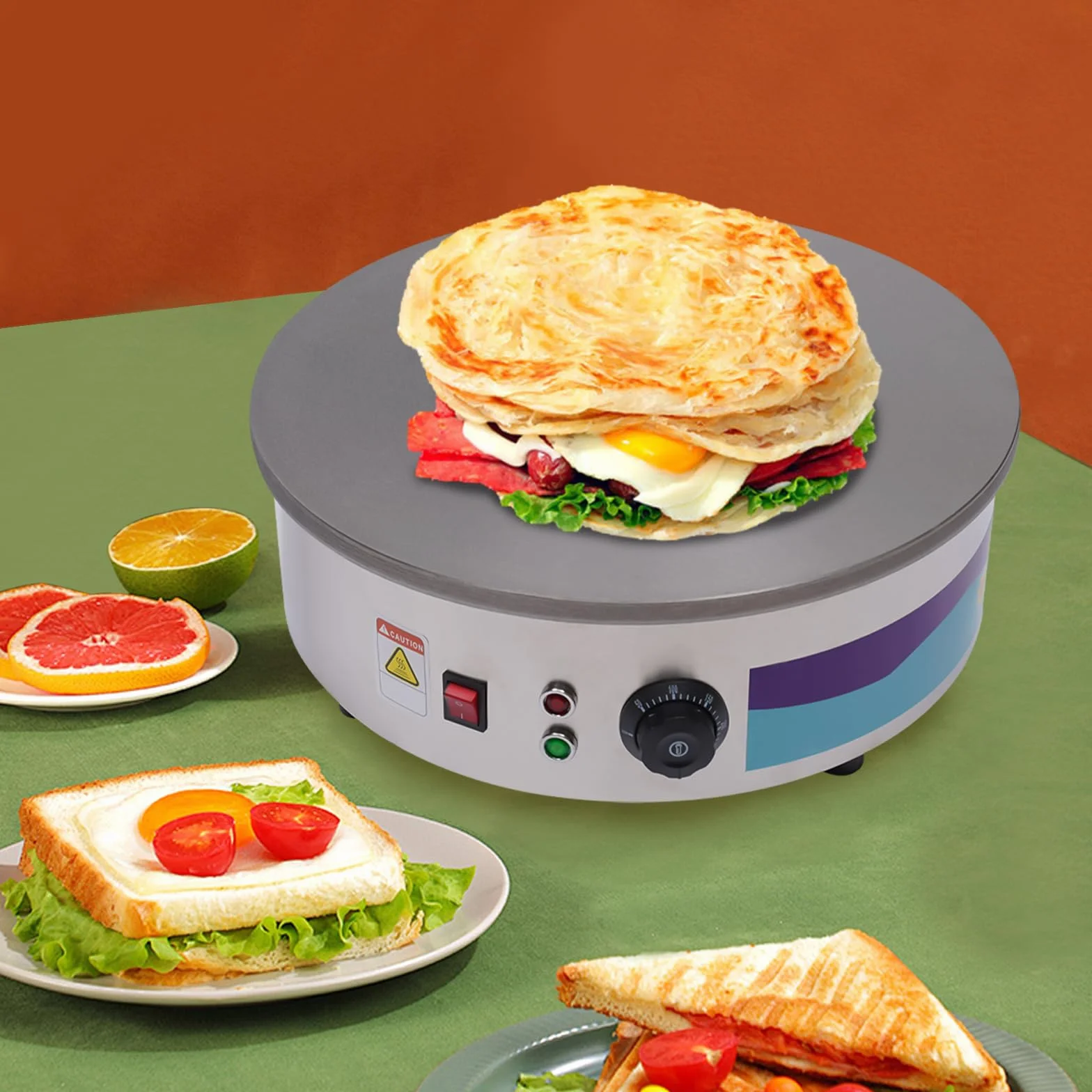Crêpière électrique à crêpes en acier inoxydable 2800 W 45 cm 220 V professionnel commercial pour crêpes, plaque en acier inoxydable, spatule, distributeur, crêpes, omelettes
