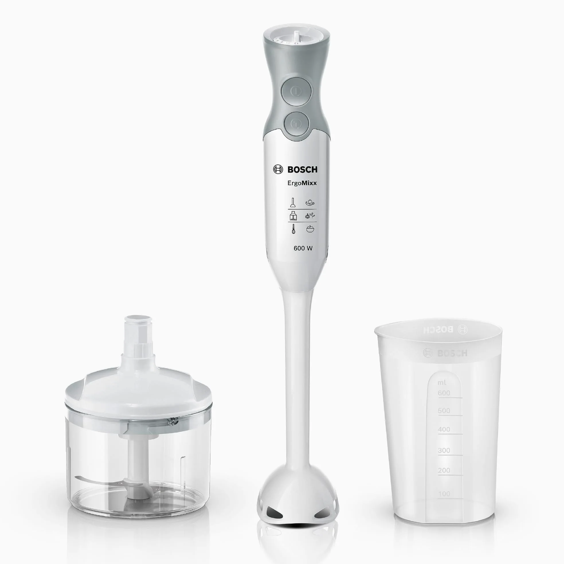 Bosch Mixeur plongeant ErgoMixx, moteur 600 W, 12 vitesses et fonction turbo, hachoir, gobelet doseur, blanc/gris, MSM66020