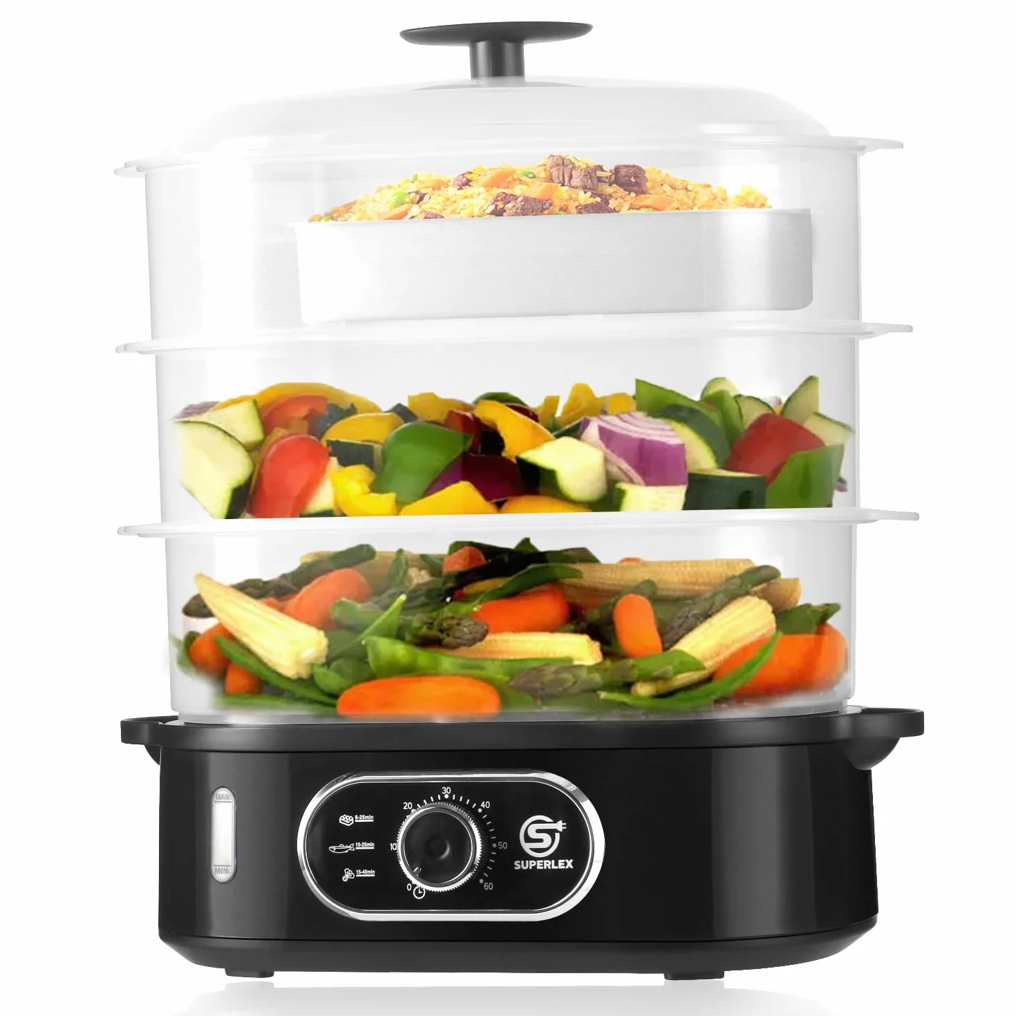 Cuiseur vapeur électrique à 3 niveaux, cuiseur à la vapeur pour légumes avec une capacité de 12 l, 3 bols de cuisson amovibles et couvercle, minuteur de 60 minutes, arrêt automatique, sans