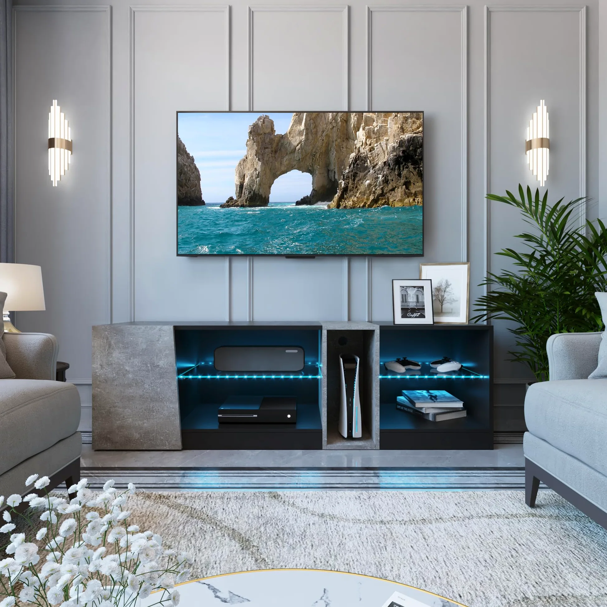 Mondeer Meuble TV, Support Télé LED avec 5 Compartiments et 1 Porte, pour TV de 55 Pouces, pour Salon Chambre à Coucher, W140 x H45 x D37,5 cm, Noir et Gris