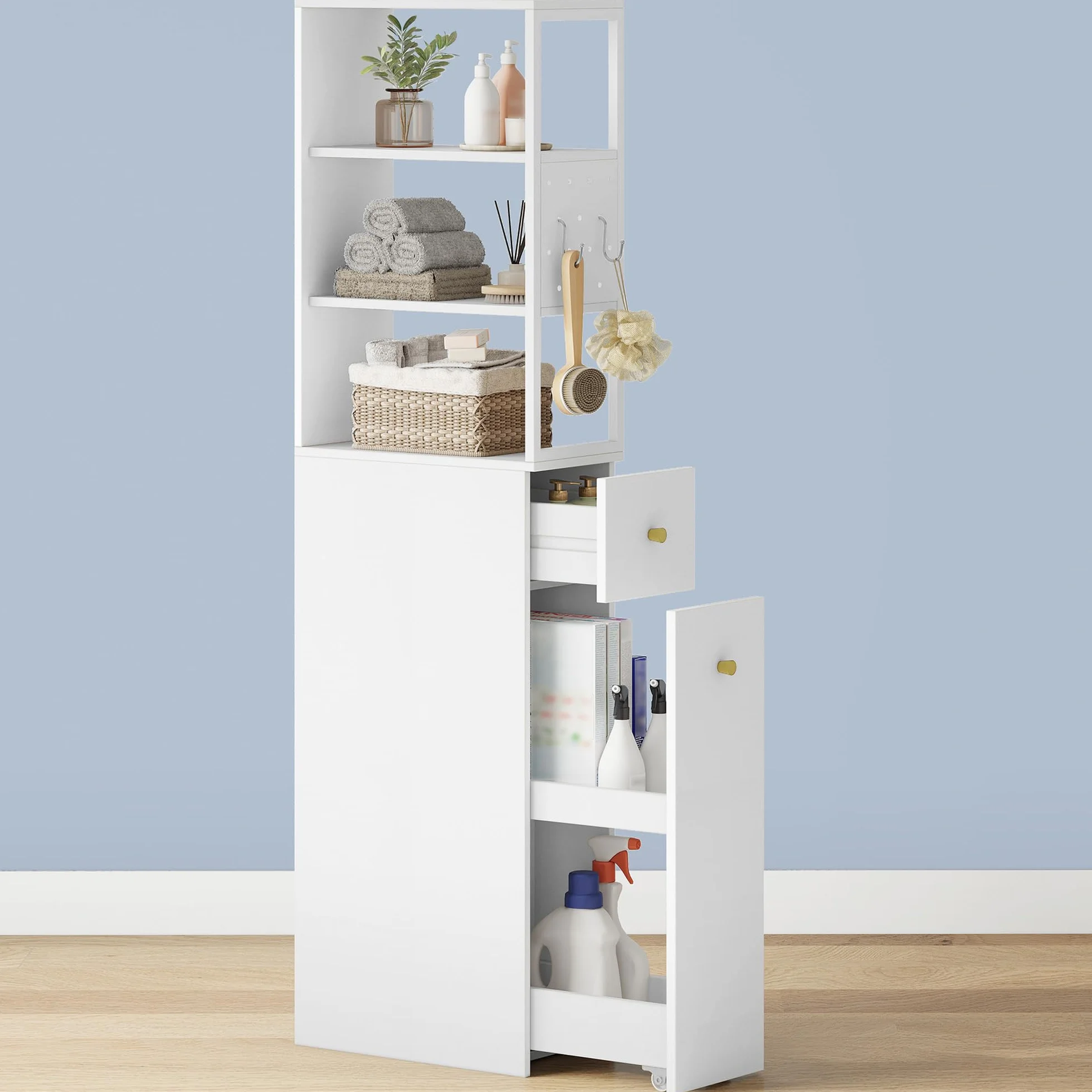 Hzuaneri Meuble de Salle de Bain Haut, Armoire de Rangement Fin, avec 2 Compartiments Ouverts, 2 Tiroirs et roulettes, Meuble de Cuisine, pour Petits Espaces, 40 x 20 x 140 cm Blanc BC32003W