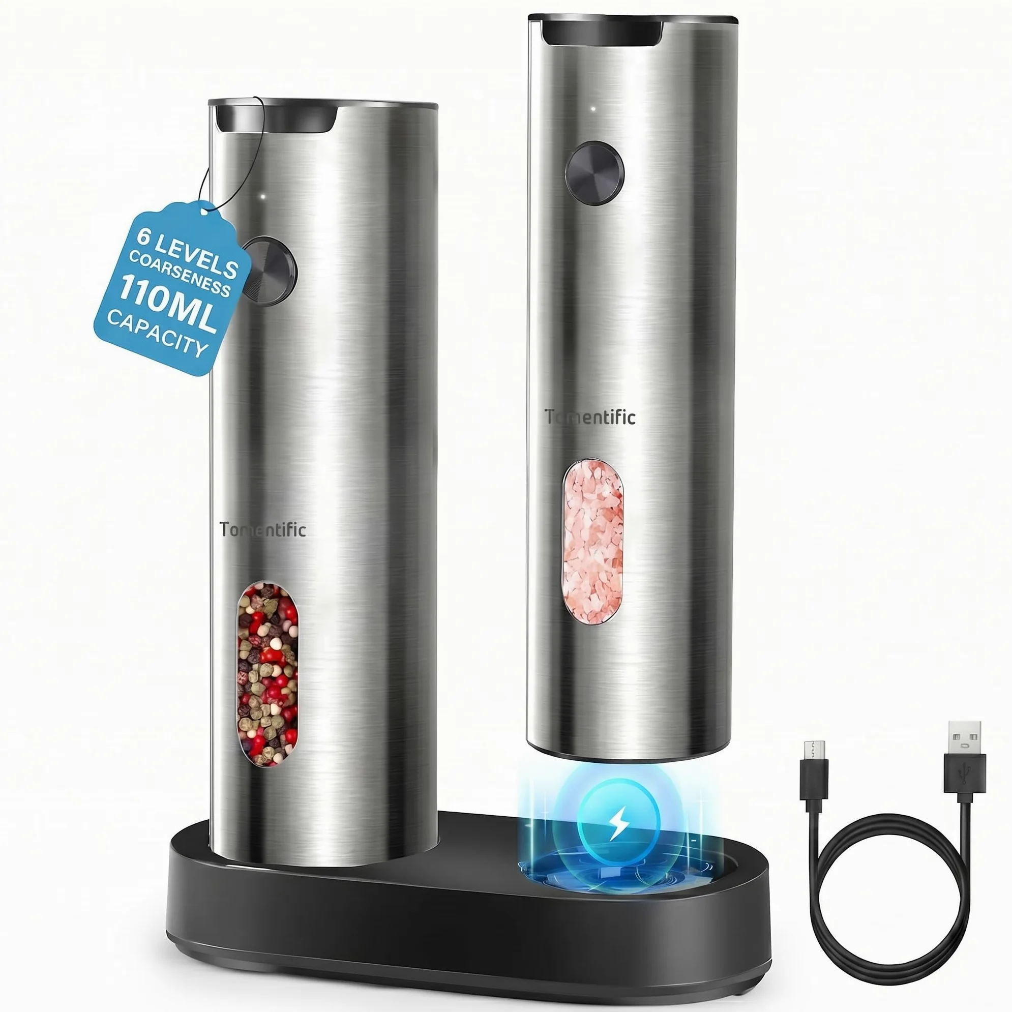 Ensemble de Moulins à Sel et Poivre Électriques Tomentific avec Socle de Rangement, Moulins en Acier Inoxydable avec Réservoir Lavable, Lumière LED Blanche, Réglage Externe de la Mouture