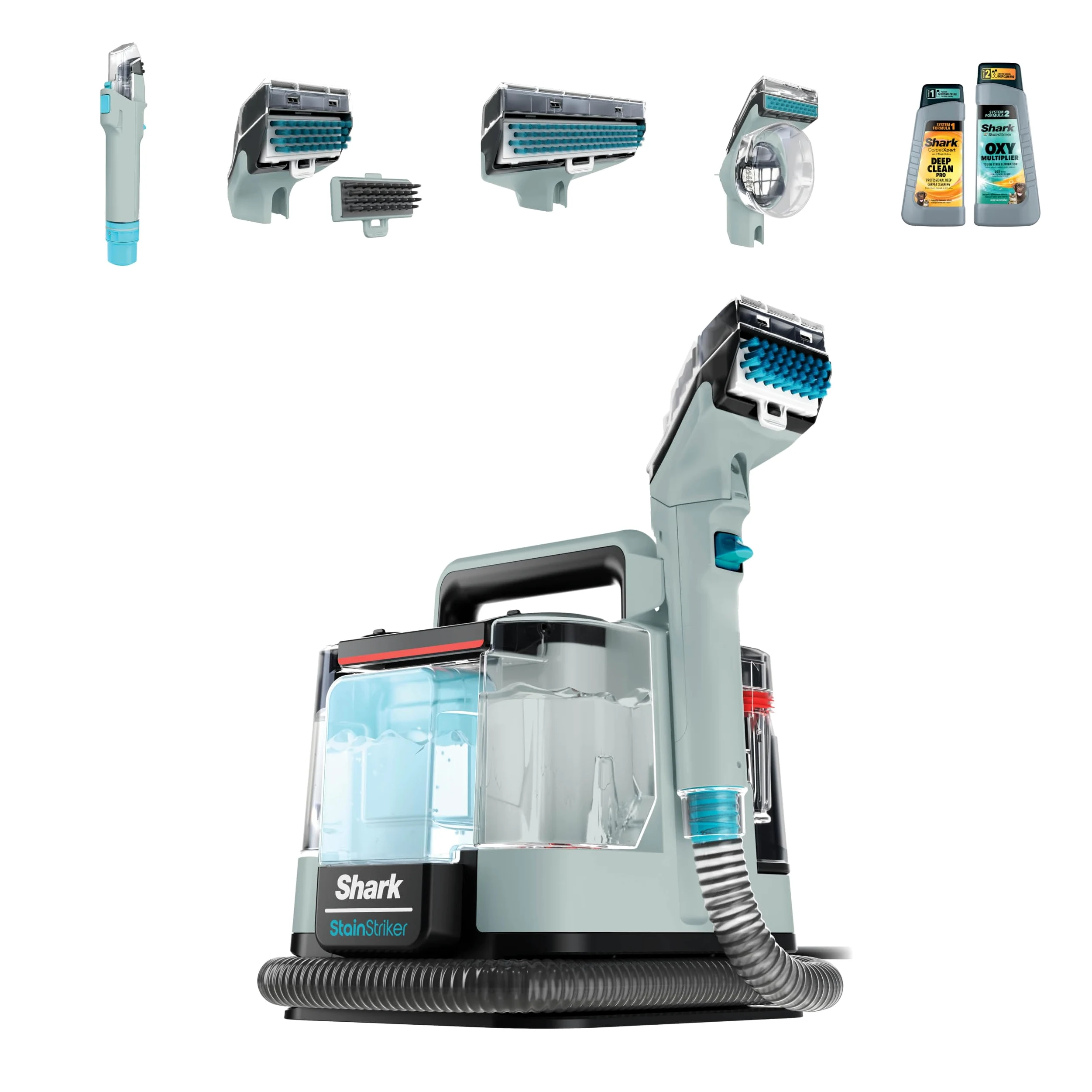 Shark StainStriker Nettoyeur tâches 5 accessoires, pour animaux, suceur plat et tuyaux, 2 formules de nettoyage CarpetXpert (946 ml) & StainStriker (474 ml) pour enlever les taches, Gris, PX200EUCP
