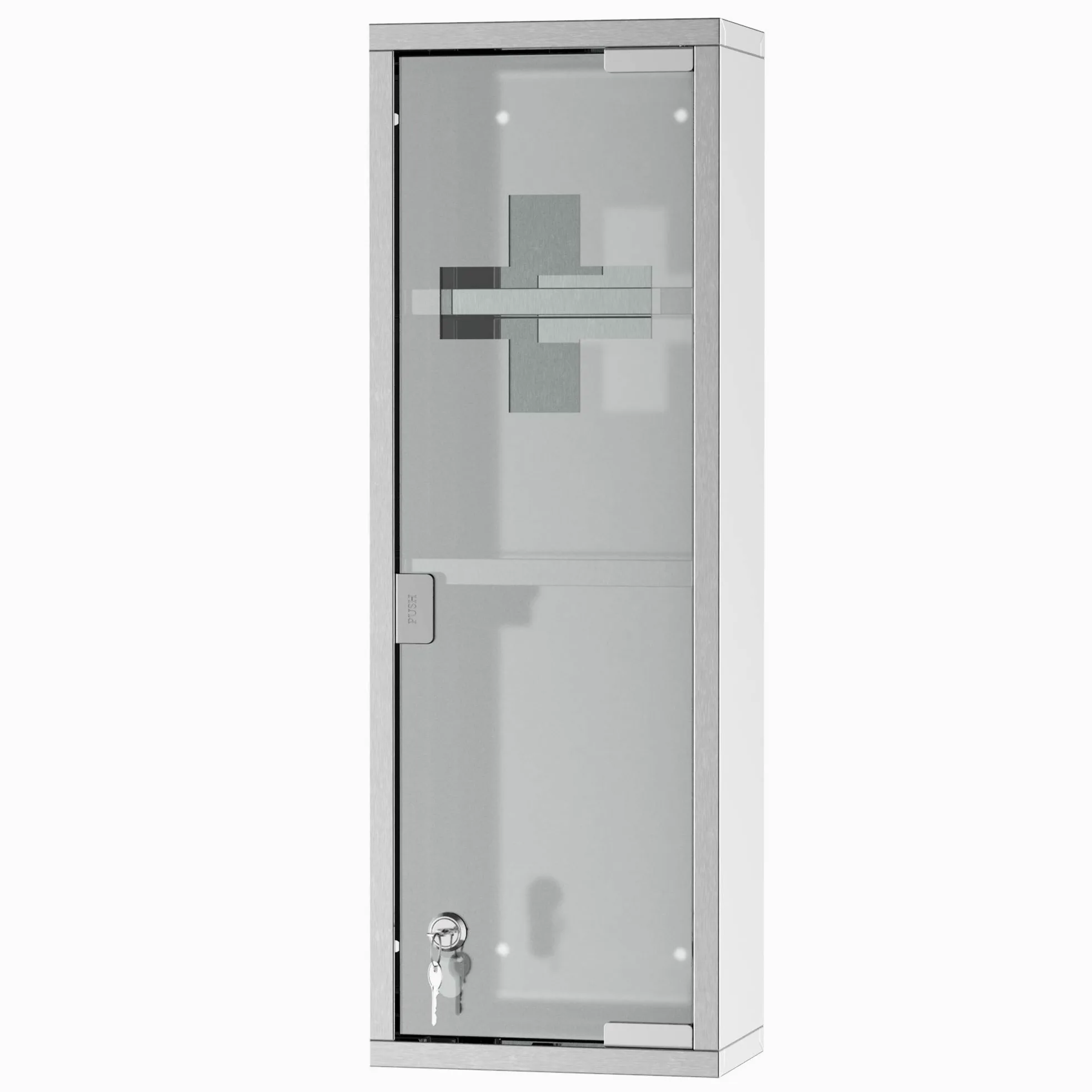 kleankin Armoire à Pharmacie 2 étagères 3 Niveaux 20L x 12l x 58H cm Porte Verre trempé Symbole Croix Acier INOX.