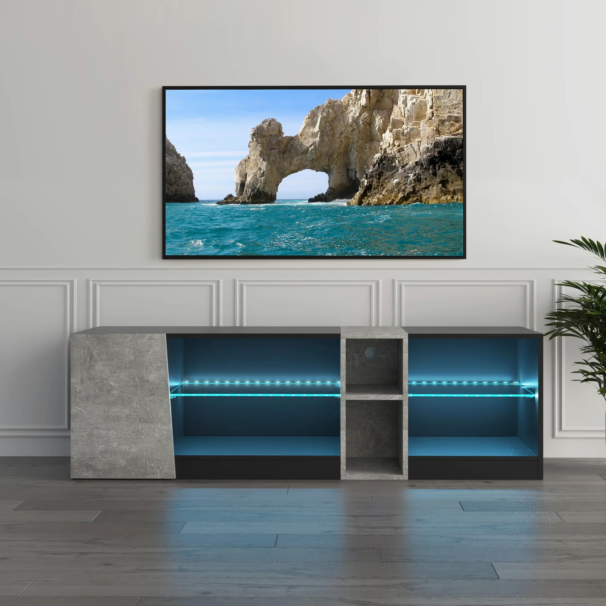 Mondeer Meuble TV, Support Télé LED avec 5 Compartiments et 1 Porte, pour TV de 55 Pouces, pour Salon Chambre à Coucher, W140 x H45 x D37,5 cm, Noir et Gris