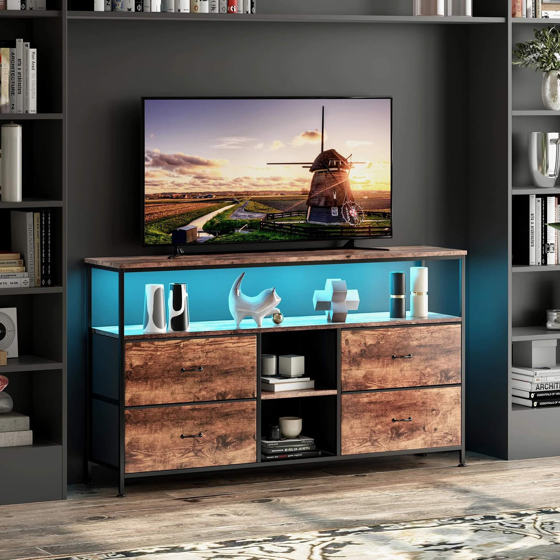 BRILVERDE Meuble TV LED 108cm avec 4 Tiroirs en Tissu PU, Banc TV Vintage, Meuble Télé avec Rangement, Buffet Multimédia pour Salon, Chambre (Rayures de Tigre, 108cm A)