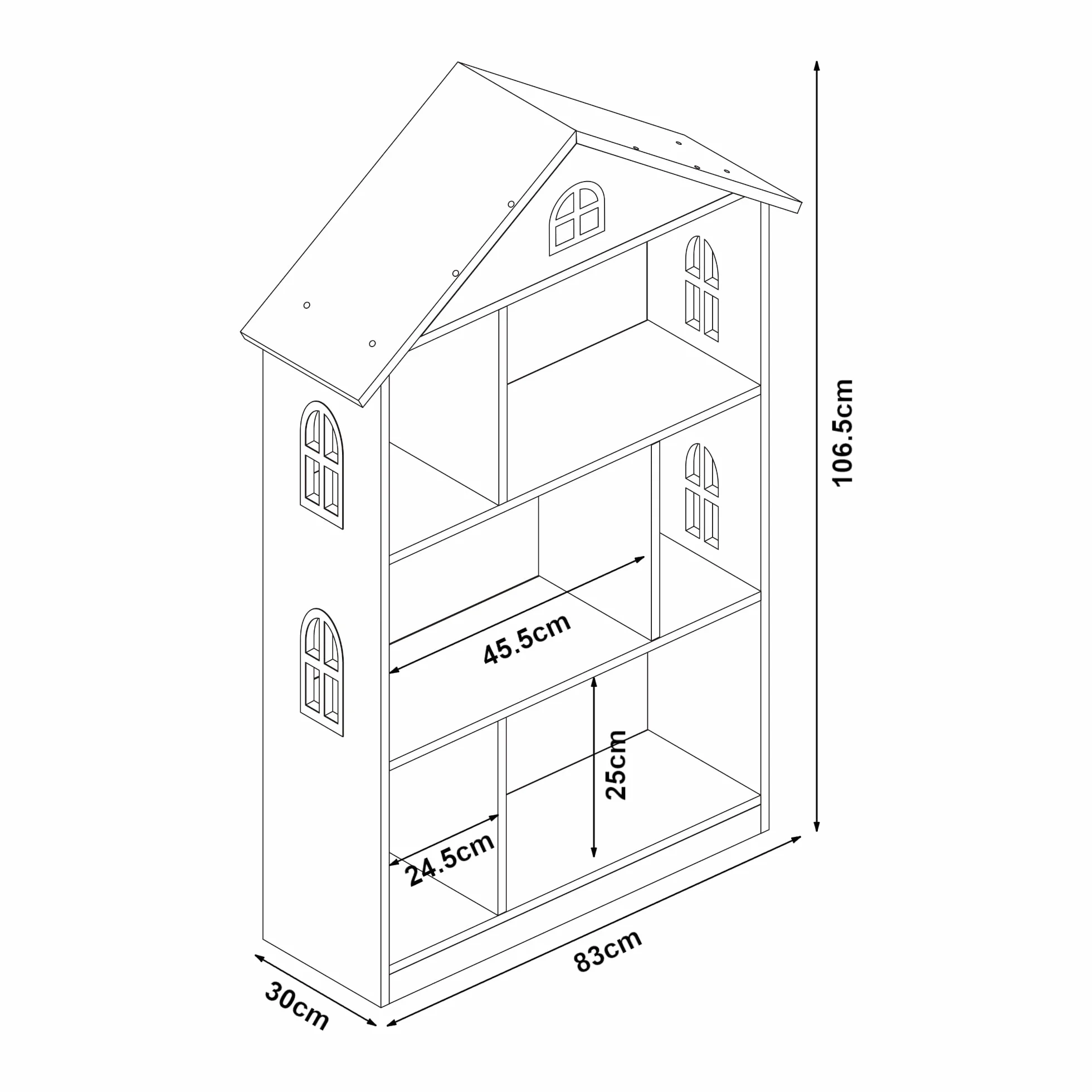 [en.casa] Bibliothèque pour Enfants avec 6 Compartiments de Rangement Ouverts Étagère Autoportante en Forme de Maison Cabane MDF 107 x 83 x 30 cm Blanc