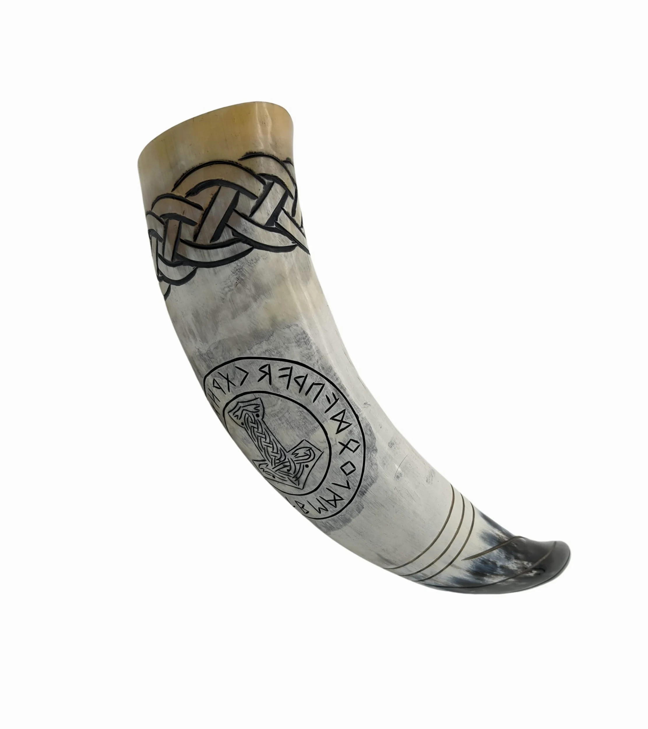 Corne à boire de Thor, 500 ml, Médiévale, Gravures nordiques, Mjölnir et nœuds nordiques, Kit Viking avec support et porte-ceinture en cuir