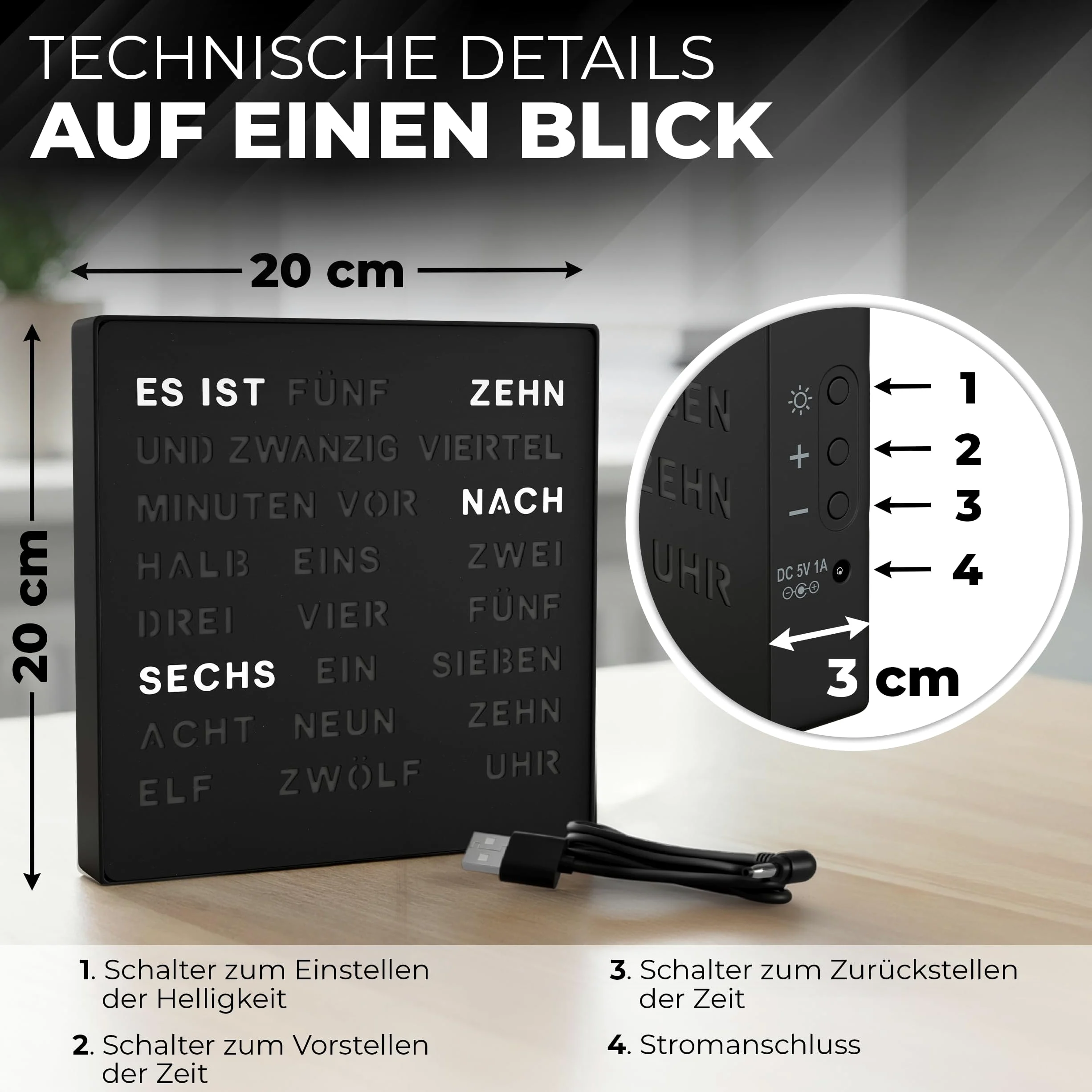 Bada Bing Horloge LED Noire avec Affichage du Mot Allemand - Horloge | en métal élégante avec câble USB - Horloge murale moderne - Horloge de table de qualité supérieure silencieuse à poser/à