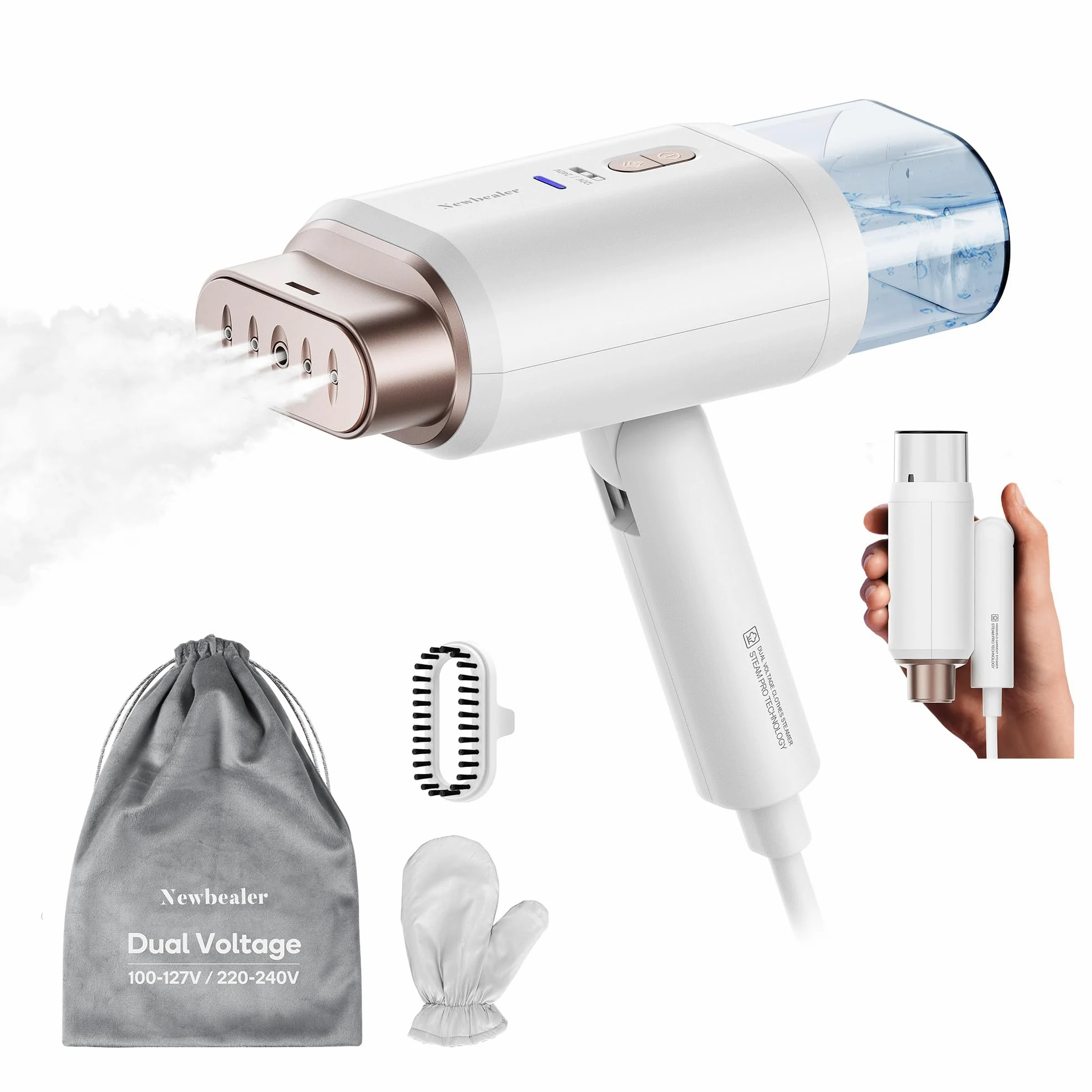 Newbealer Défroisseur Vapeur, Défroisseur de Voyage Double Tension - 220V/120V, 1200W Fer à Repasser à Main avec Réservoir d'Eau Détachable de 180ml, Horizontale et Verticale, Chauffe Rapide en 20s