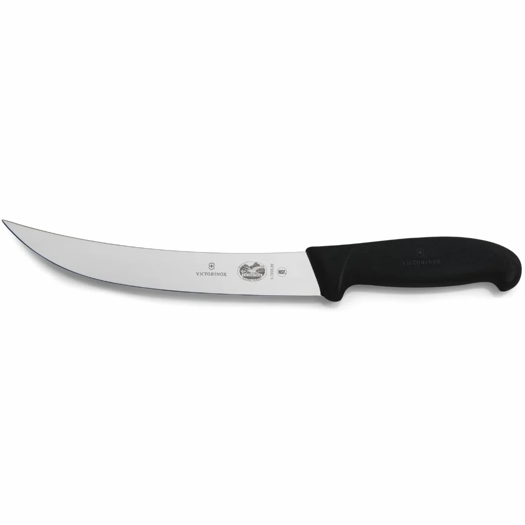 Victorinox Fibrox Couteau de boucher, Couteau long pour couper de gros morceaux de viande, 20 cm, Lame incurvée, Tranchant, Inox, Noir
