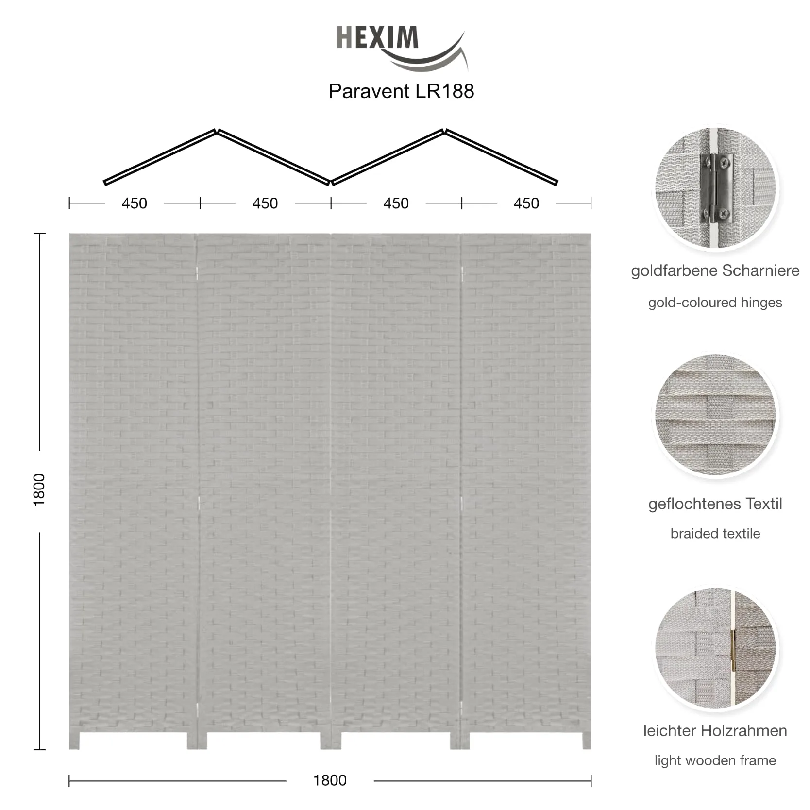 HEXIM Séparateur d'Espace 180x180 cm - Paravent pliable 4 pans - Écran de confidentialité pour terrasse et jardin, autonome (LR188-gris)