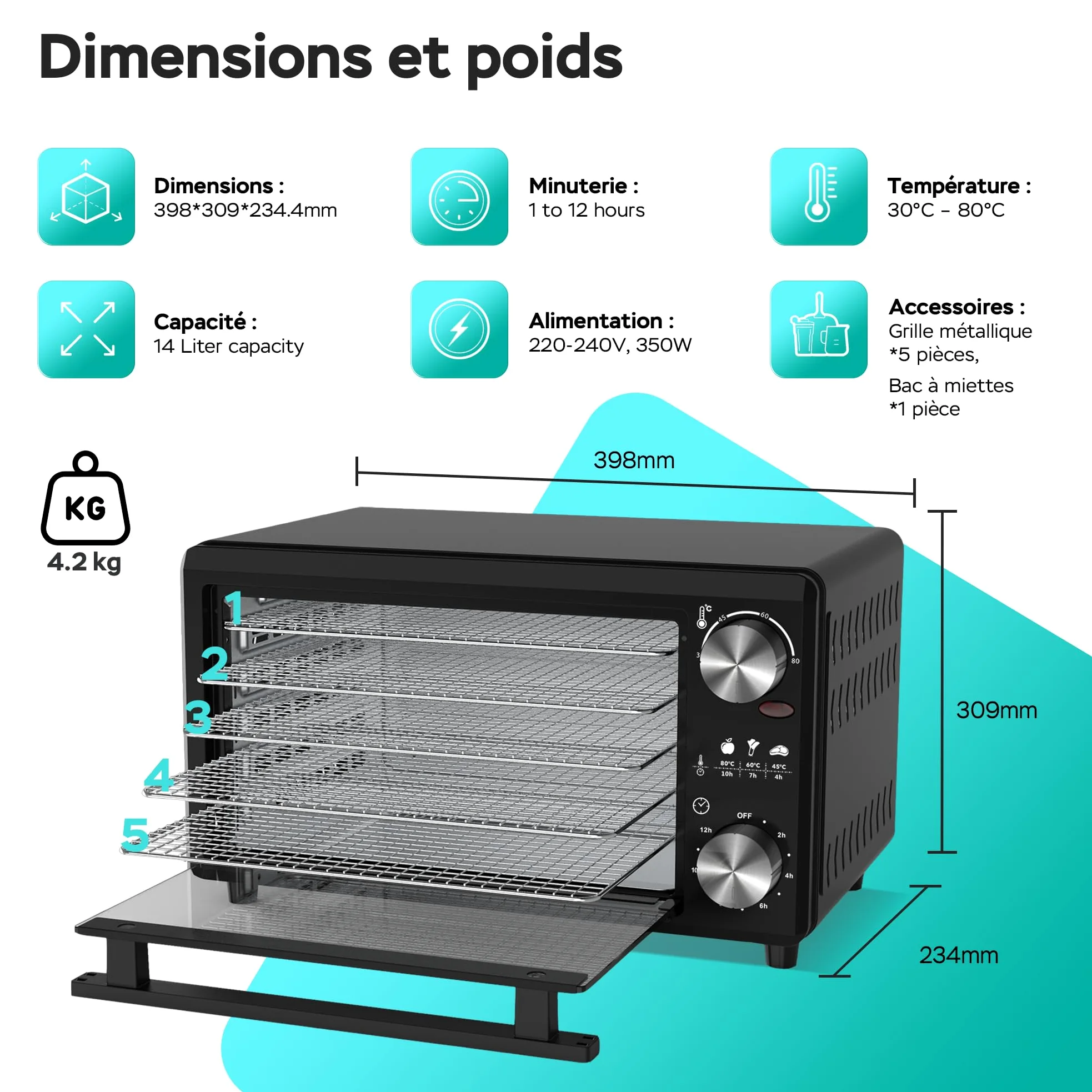 Déshydrateur TurboWave BIO entièrement en métal, 14 litres, fourni avec grilles, minuteur et cahier de recette, dehydrator food (14 Litres)