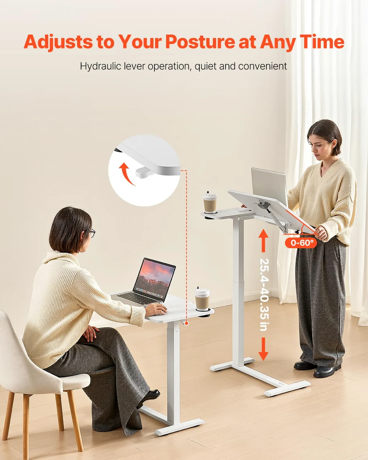 VEVOR Table de lit mobile, table d'appoint avec plateau rabattable et 4 roulettes dissimulées, bureau d'ordinateur portable réglable en hauteur avec porte-gobelet, pour maison, bureau et études, blanc