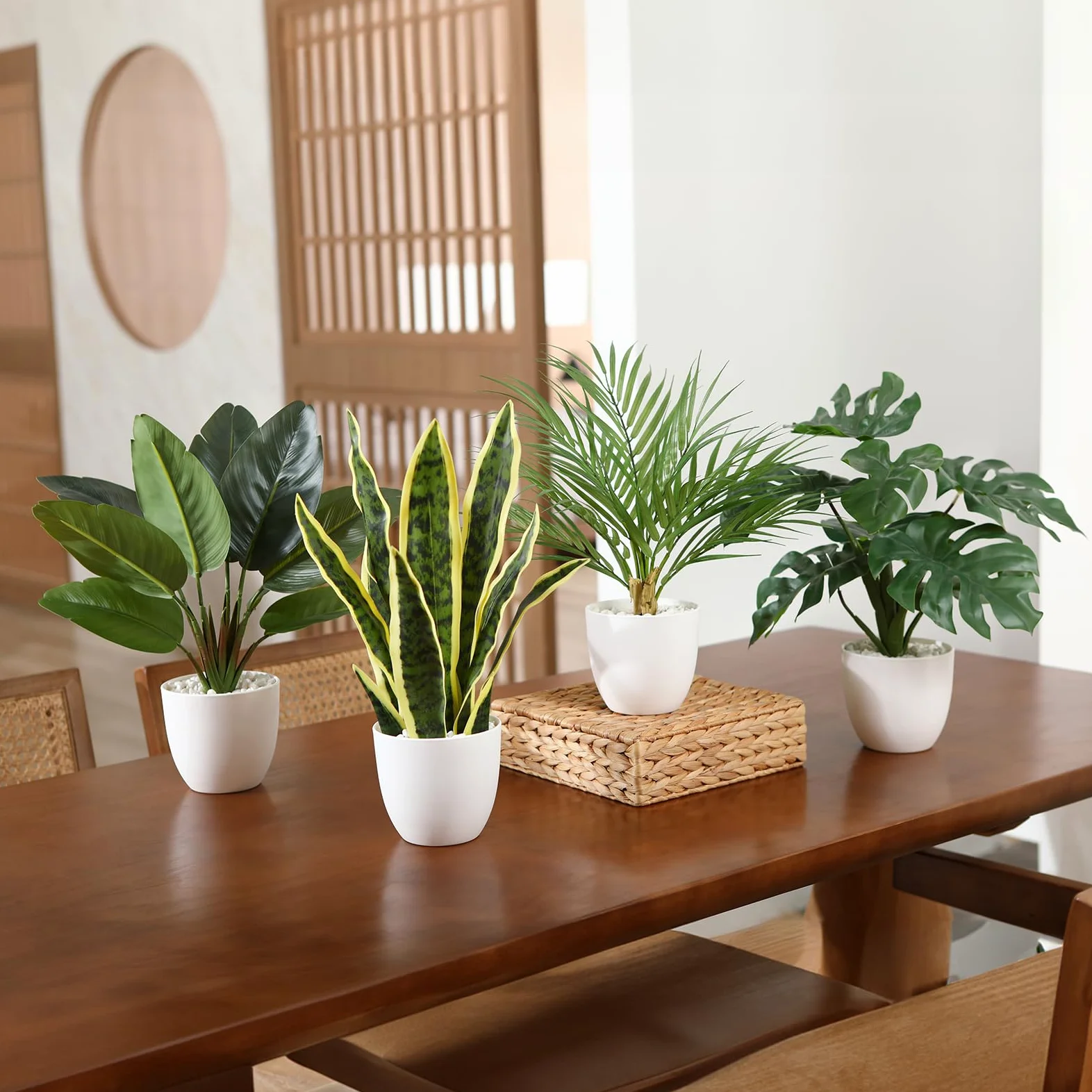 SOGUYI Plante Artificielle 40cm Sansevieria/Areca Palm/Bird of Paradise/Tropical Monstera Fausse Plante pour la Maison, Bureau et Décoration Interieur Exterieur(4 Stück)