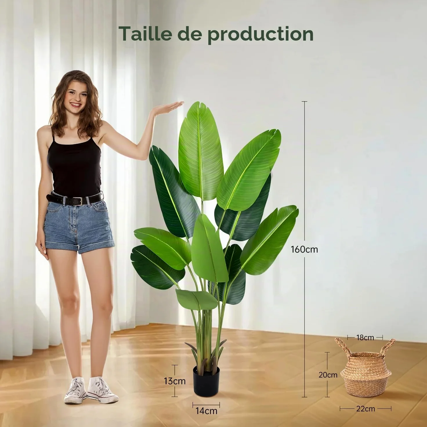 Plante Artificiel Oiseau de Paradis 160 cm, Palmier Tropical Artificiel avec 10 Feuilles, Plantes Artificielles en Pot pour Décoration Intérieur Extérieur, Salon, Bureau, Jardin, Cadeau