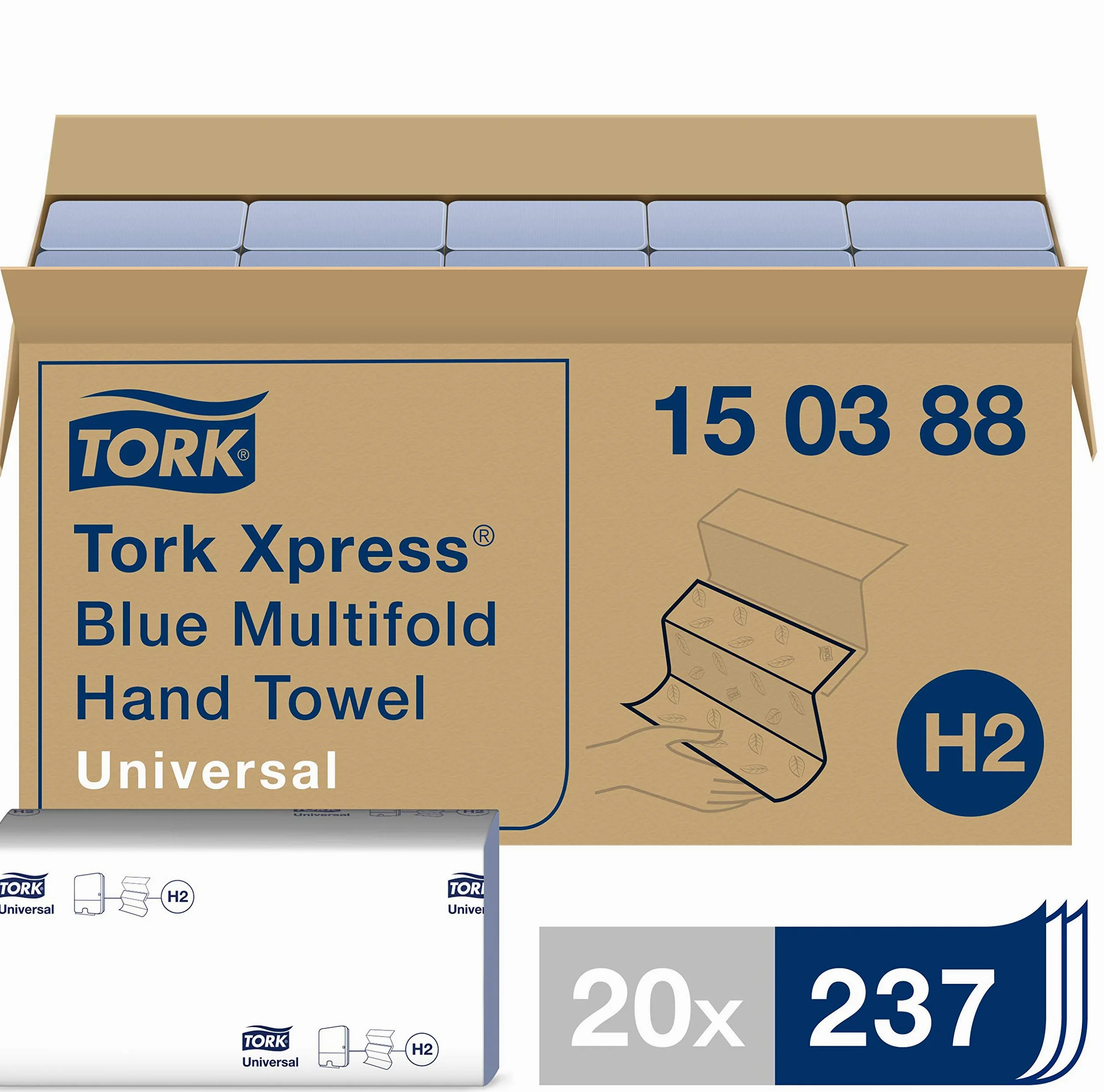 Tork Xpress Essuie-mains interfoliés - 150388 - Papiers d'essuyage pliés en Z, bleus, qualité Universal pour Distributeur H2 - Essuie-mains en papier, origine traçable, 2 plis - 20 x 237 feuilles