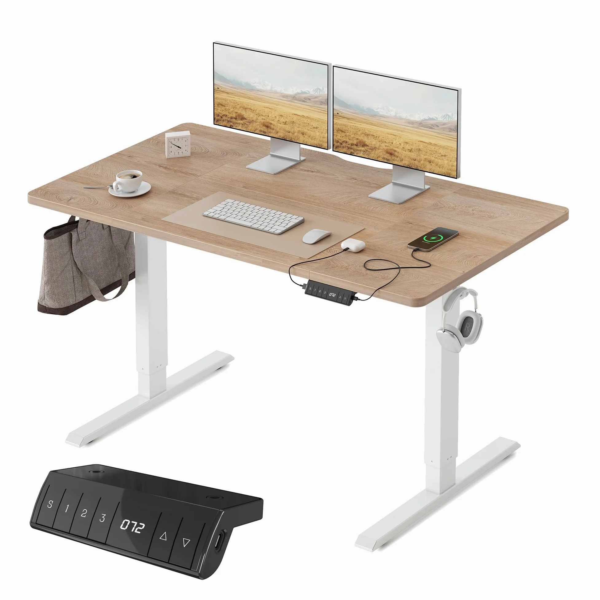 FEZIBO Bureau Assis Debout avec Ports de Charge USB-A et USB-C - 140 x 70 cm - Bureau électrique réglable en Hauteur - Standing Desk- Chêne
