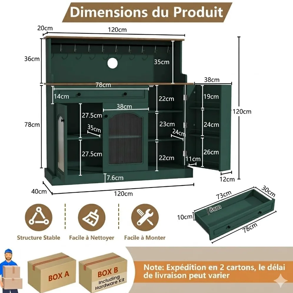 HOLTICO Vaisselier Buffet de Cuisine avec Plan de Travail, Meuble pour Micro-Onde et Bar à Café, avec Armoire de Rangement, Tiroir et Étagères, pour Salle à Manger, Salon, 120 x 120 x 40 cm, Vert