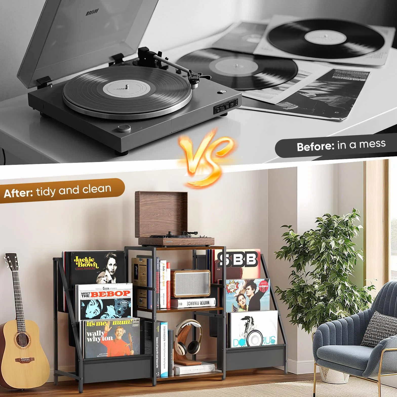 Plateau pour platine vinyle, support pour disques vinyles, support pour disques vinyles avec lecteur vinyle pour jusqu'à 300 albums, plateau pour platine vinyle avec lecteur multimédia vinyle