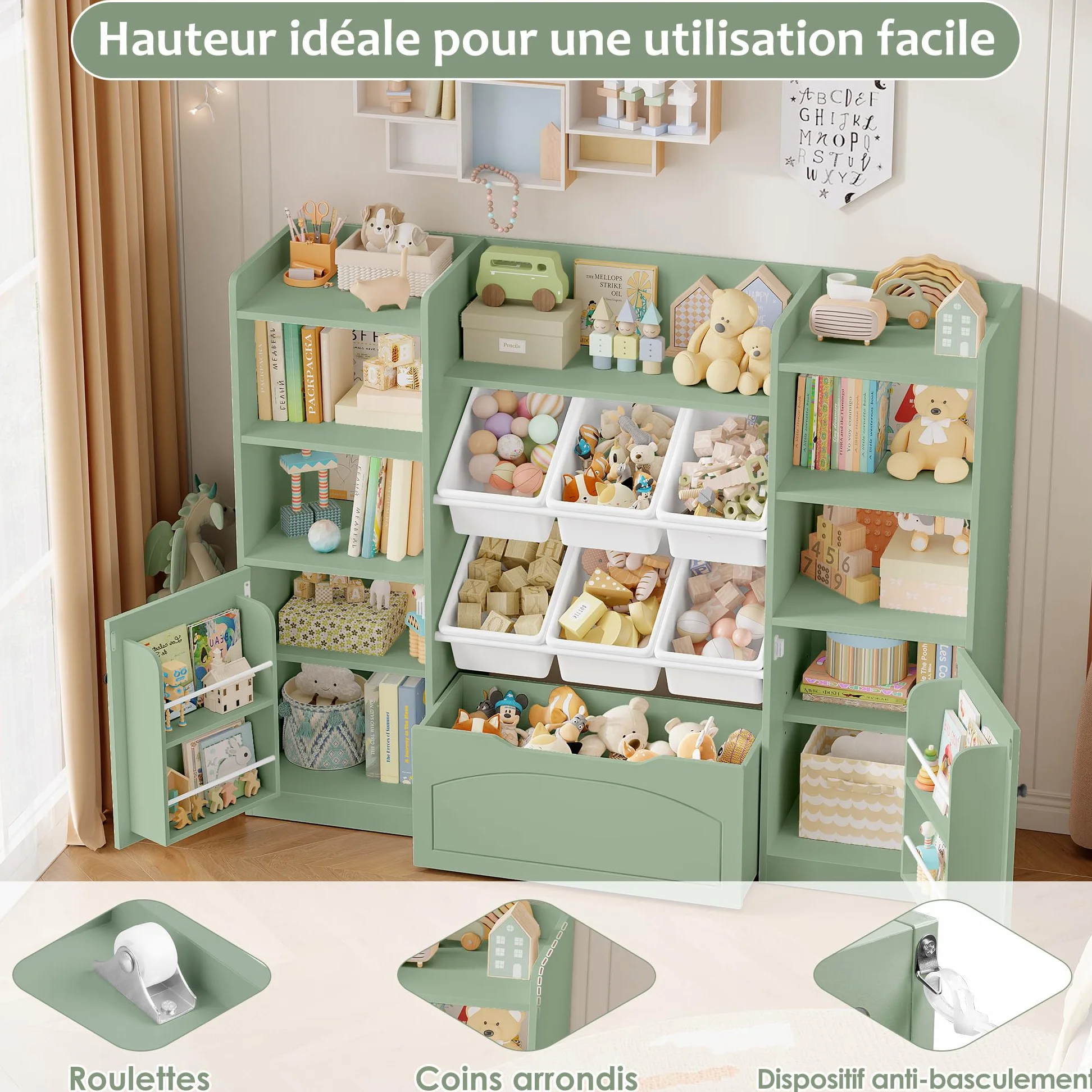 FOREHILL Meuble Rangement Enfant Bibliothèque Enfant avec 15 Étagères 6 Boîtes Amovibles 1 Tiroirs Roulants 2 Portes Rangement Jouet pour Chambre d'enfants Salle de Jeu 140x33x108.2cm Vert
