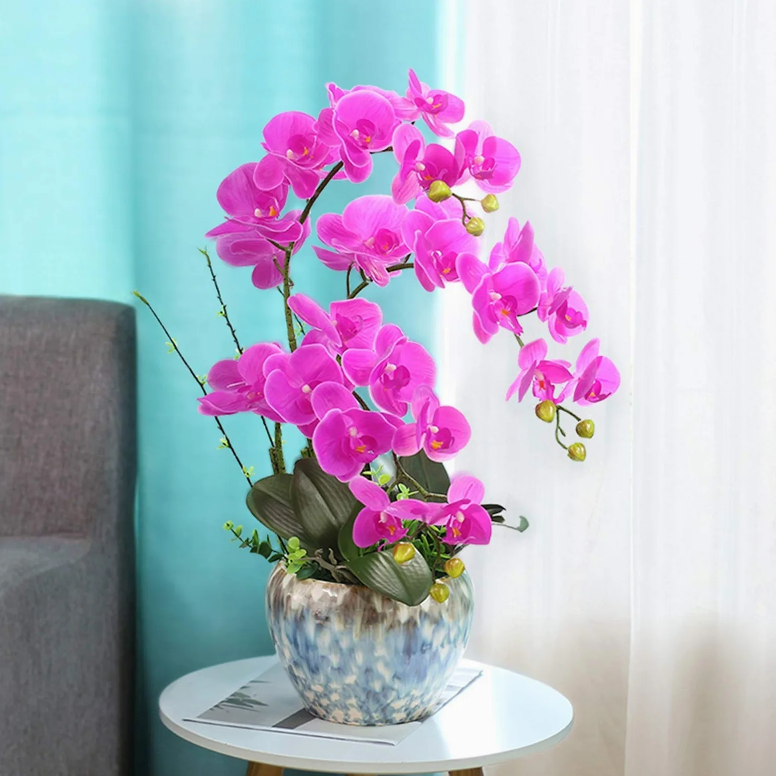 Orchidée Artificielle en Pot, bonsaï, Arrangement Floral avec Vase, Fausse phalaenopsis en Pot pour décoration intérieure