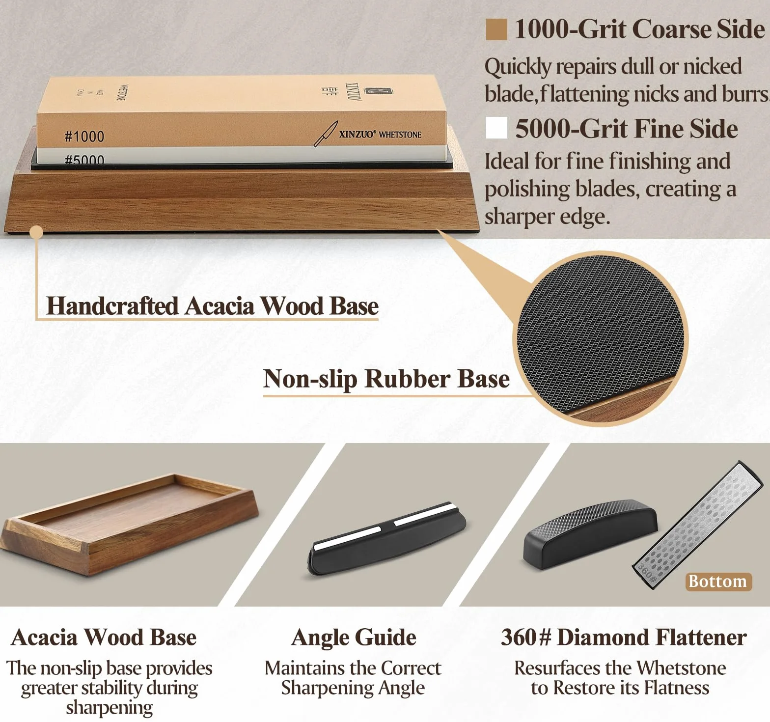 XINZUO Pierre à Aiguiser Grain Double Face 1000/5000, Aiguiseur de Couteau à Affûter Professionnel 2-en-1-Face avec Base en Silicone Antidérapant et Guide d'Angle et Pierre à Aplatir, 5 Pièces