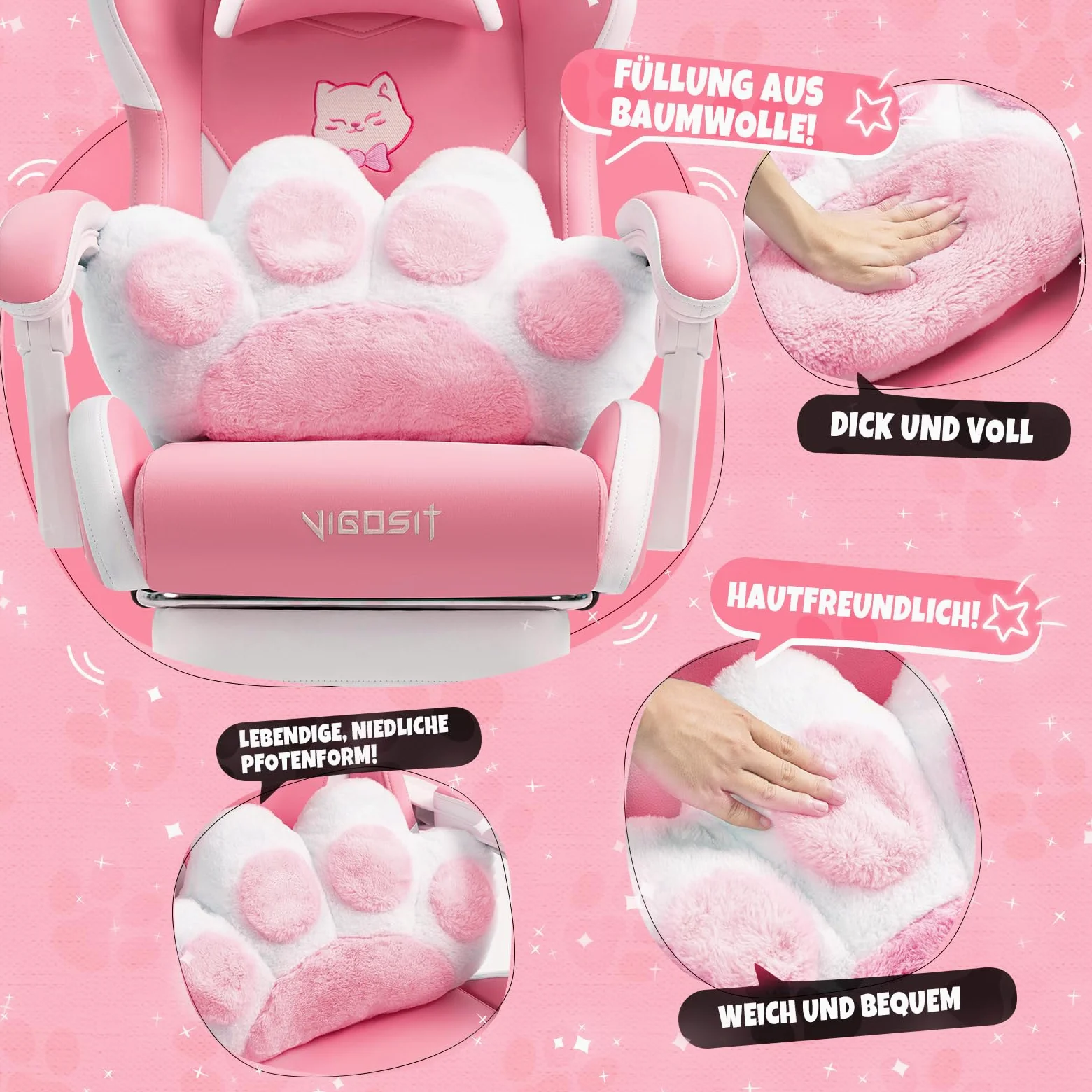 Vigosit Chaise de jeu PC mignonne, ergonomique, avec coussin lombaire et oreilles de chat, repose-pieds réglable, pour filles, adolescentes, enfants, rose