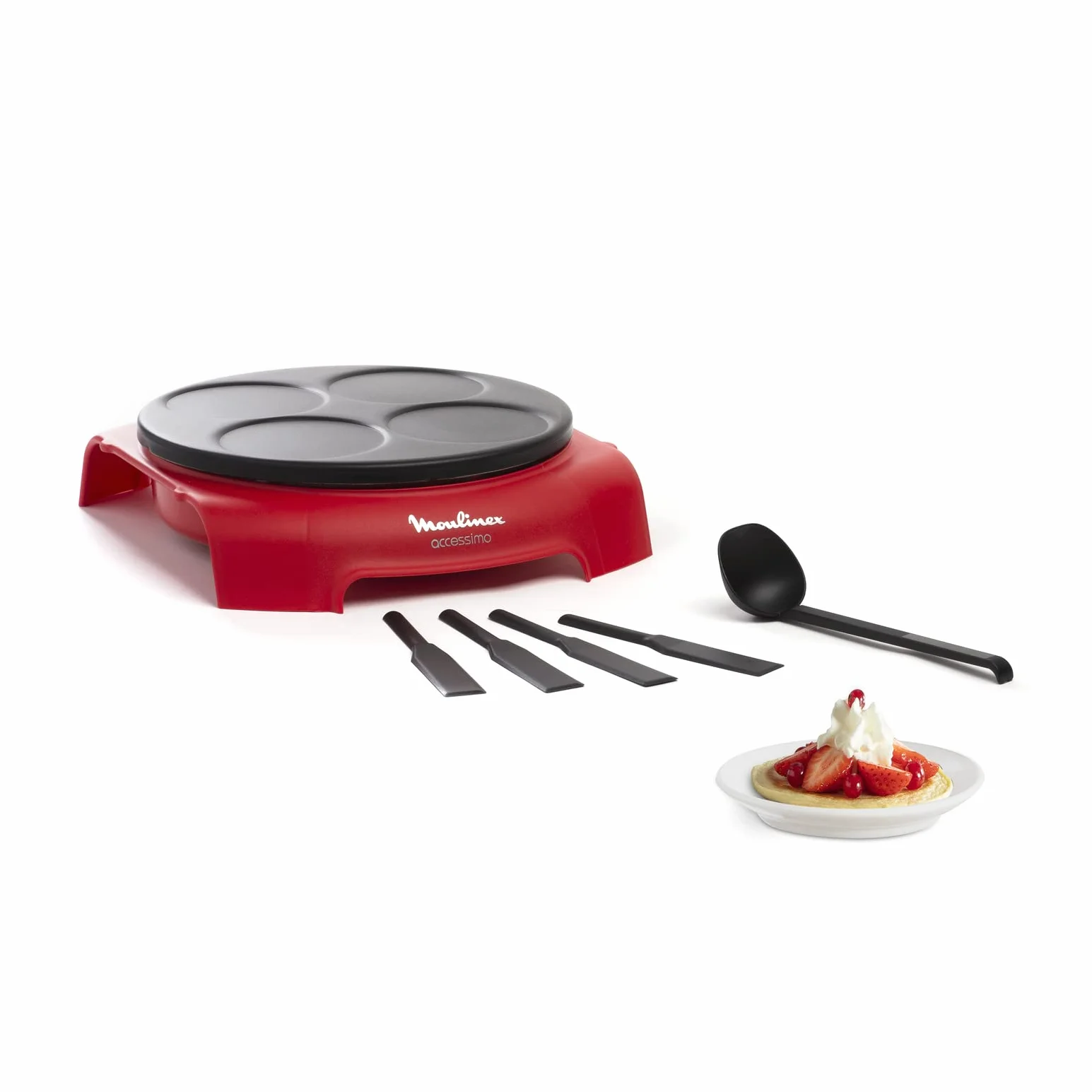 Moulinex Crêpière électrique, 4 empreintes, Revêtement antiadhésif, Socle thermoplastique, Rangement accessoires sous l’appareil, Pancakes, Fabriqué en France, Accessimo Crêpe Party PY312511