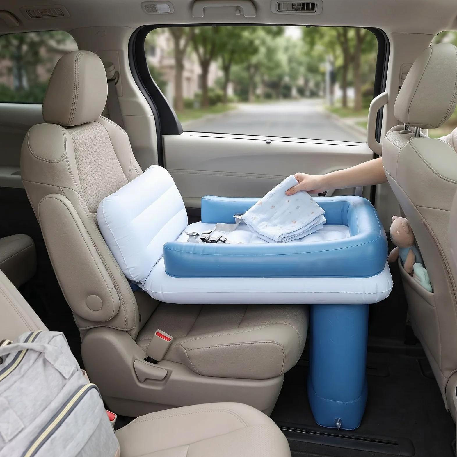 Lit Gonflable de Voyage avec Coussin épais, Bleu | Extension de siège arrière de voiture d'avion, matelas de couchage de voyage pour enfants en bas âge, sac de transport