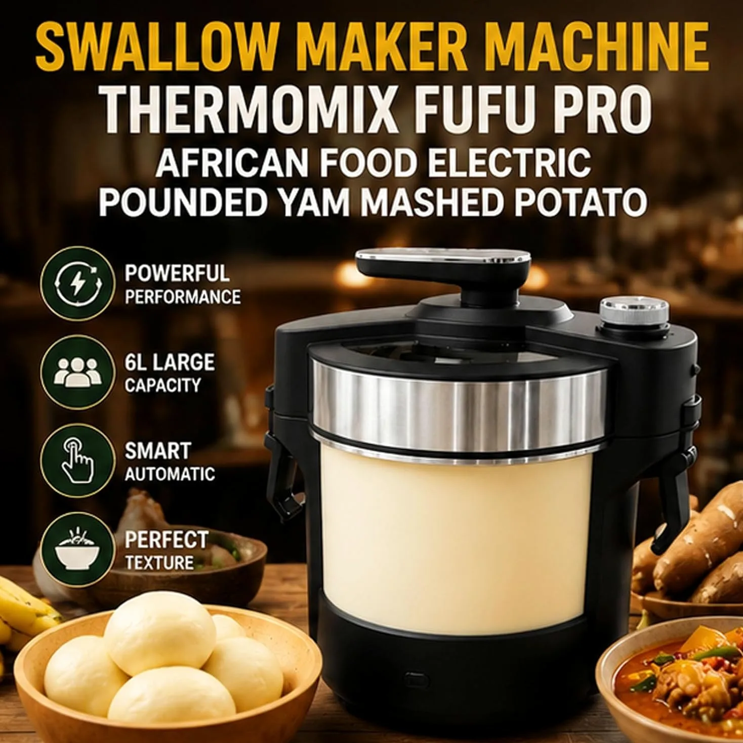Machine automatique à avaler les aliments 6L Fufu Maker, Machine électrique à écraser l'igname, Machine de cuisson et de pilage 1000W, pour Fufu, Amala, Banku, nourriture africaine pour 5 à 6 personne