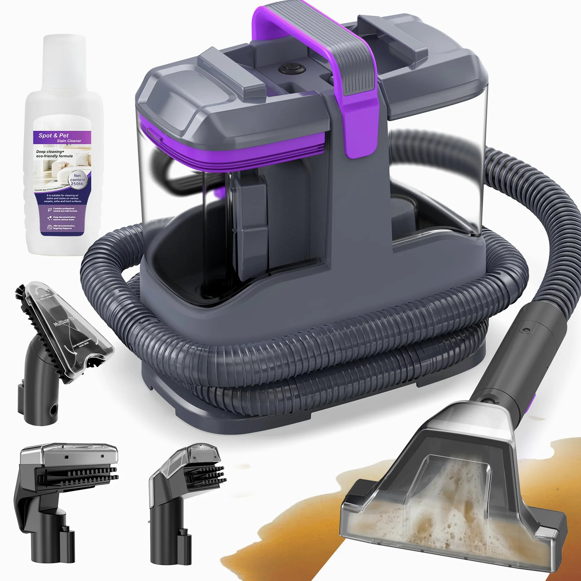 Shampouineuse 450W 13kPa, Nettoyeur Canapé Tissu et Tapis, Aspirateur Laveur pour Canapé, Voiture et Matelas, avec 3 Brosses et Double Réservoir Autonettoyant, Portable Léger 2,6kg