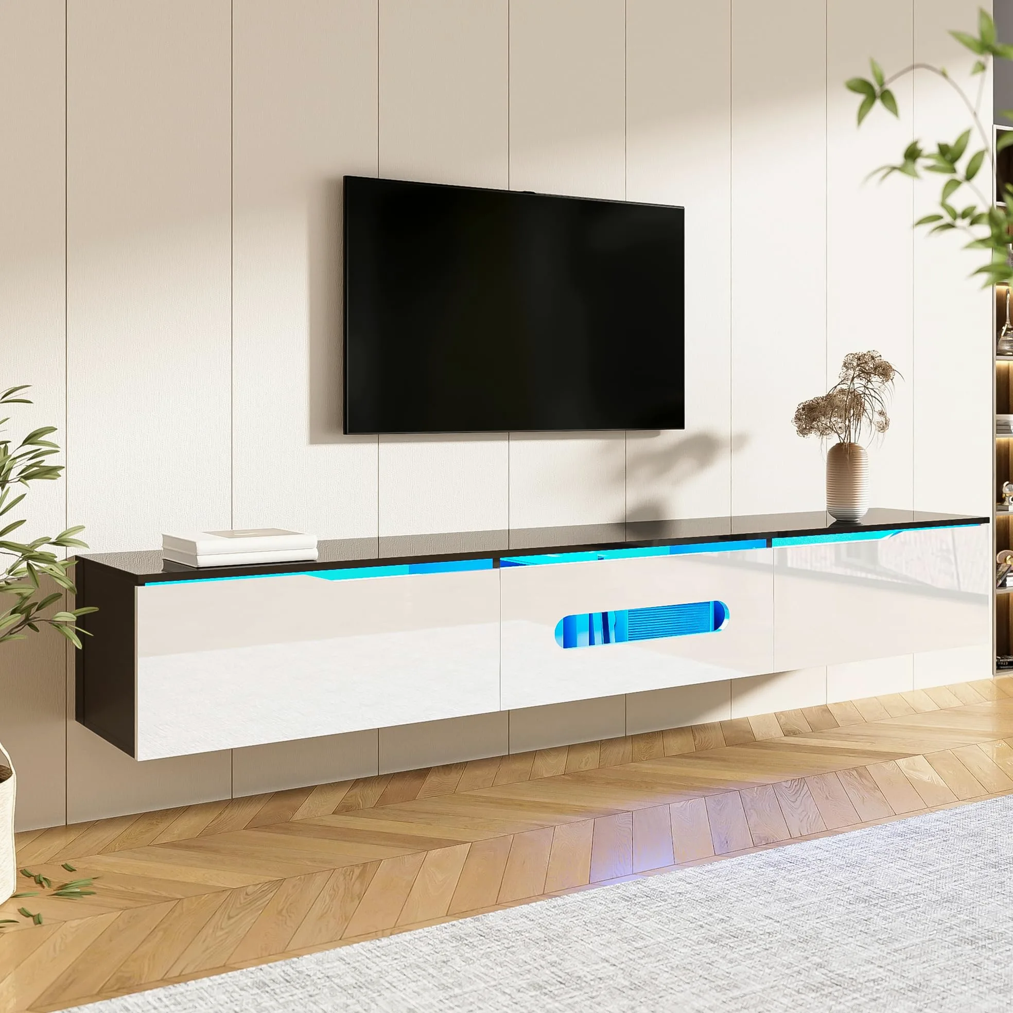 BTM Meuble TV Blanc et Noir avec Éclairage LED, Meuble TV Moderne avec Rangement, Meuble Télé 180cm pour Salon, Suspendu ou au Sol, Porte Pliante Haute Brillance, Charge de 50kg, 180x35x30cm
