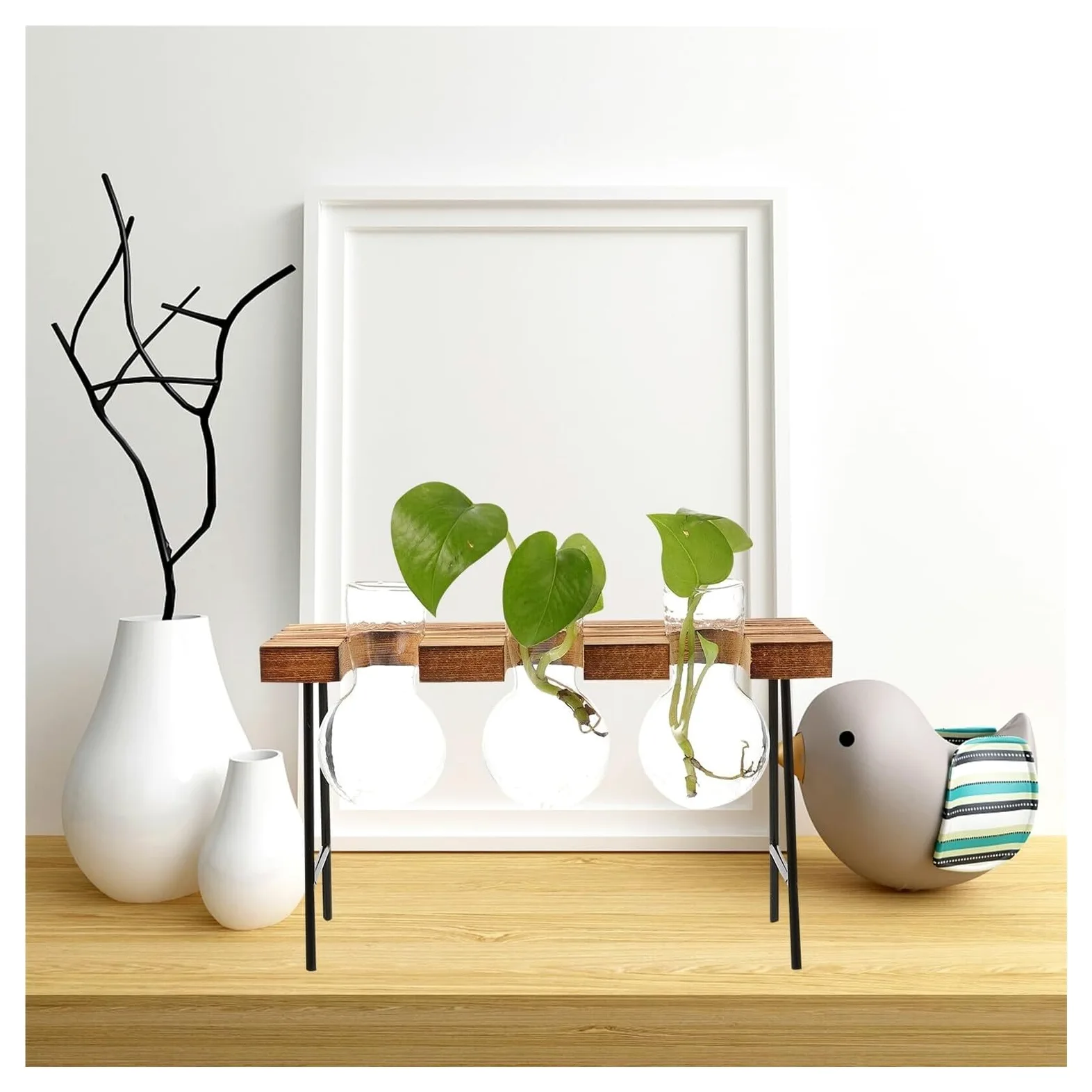 Vase à Fleurs Vase hydroponique en Verre avec Cadre Bois, Ensemble de Trois tabourets Ronds, Station Propagation Plantes décoratives Décoration intérieure
