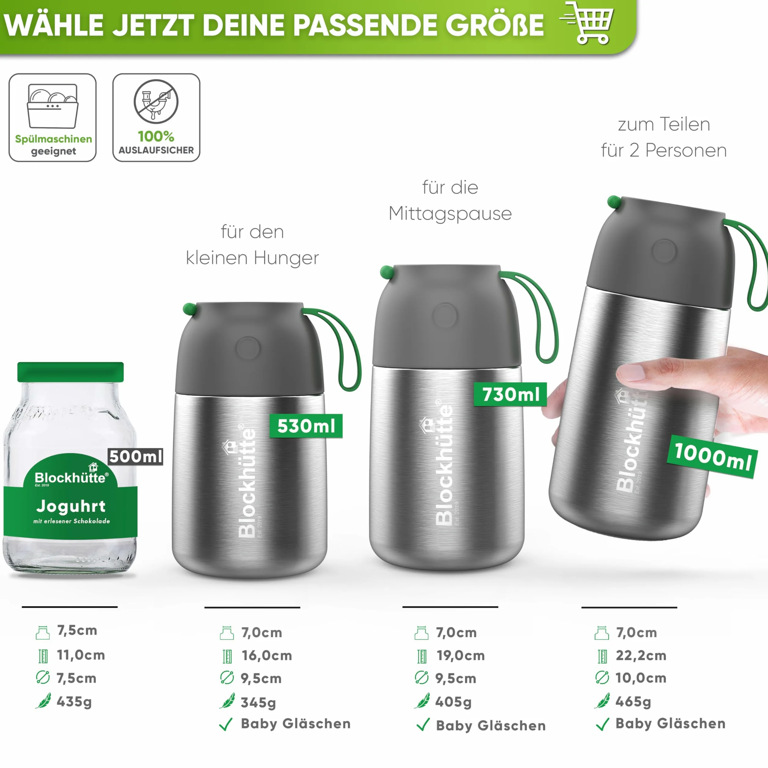 Blockhütte Thermos isotherme 730ml En inox Avec Cuillère et Fourchette - Thermos Alimentaire Chaud idéal Pour Le Travail - Boite Alimentaire isotherme Avec Sac de Transport - Lave-Vaisselle