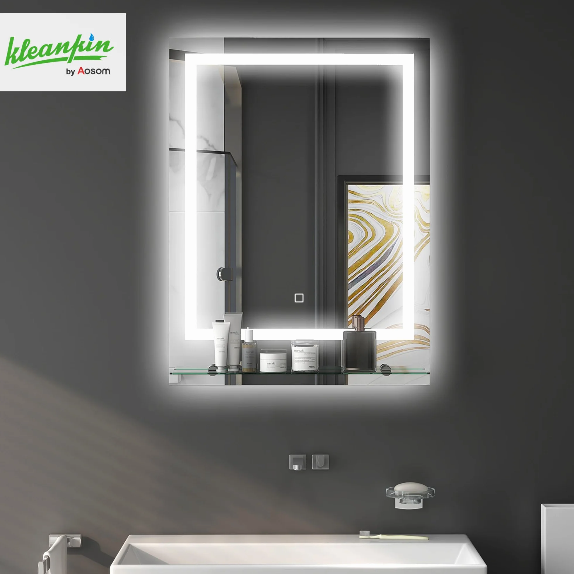 kleankin Miroir Lumineux LED rectangulaire Miroir Mural avec étagère de Salle de Bain 70 x 50 cm luminosité réglable Anti-buée Interrupteur Tactile